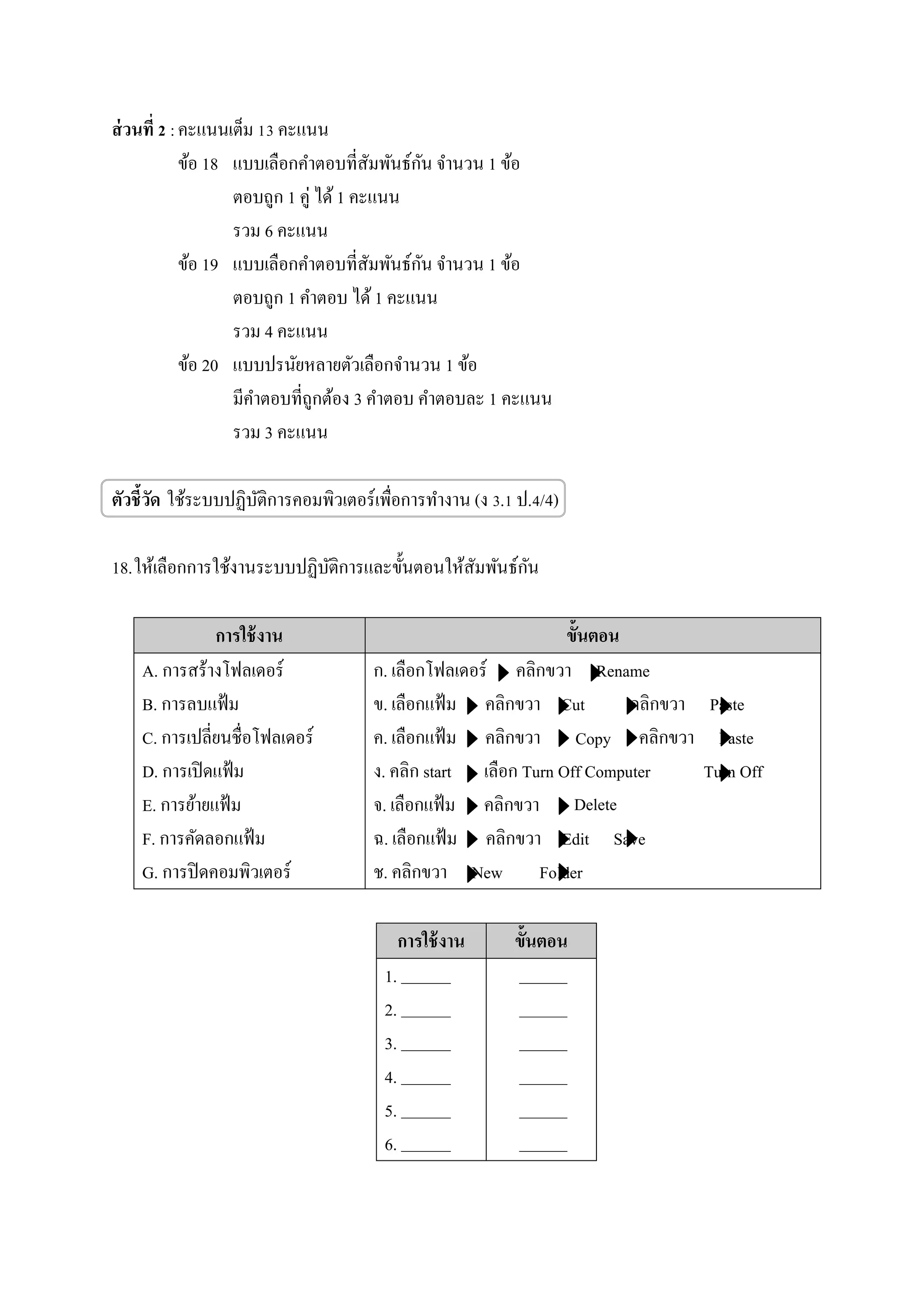 ส่วนที่ 2 :คะแนนเต็ม 13 คะแนน
ข้อ 18 แบบเลือกคาตอบที่สัมพันธ์กัน จานวน 1 ข้อ
ตอบถูก 1 คู่ ได้ 1 คะแนน
รวม 6 คะแนน
ข้อ 19 แบบเลือกคาตอบที่สัมพันธ์กัน จานวน 1 ข้อ
ตอบถูก 1 คาตอบ ได้ 1 คะแนน
รวม 4 คะแนน
ข้อ 20 แบบปรนัยหลายตัวเลือกจานวน 1 ข้อ
มีคาตอบที่ถูกต้อง 3 คาตอบ คาตอบละ 1 คะแนน
รวม 3 คะแนน
ตัวชี้วัด ใช้ระบบปฏิบัติการคอมพิวเตอร์เพื่อการทางาน (ง 3.1 ป.4/4)
18.ให้เลือกการใช้งานระบบปฏิบัติการและขั้นตอนให้สัมพันธ์กัน
การใช้งาน ขั้นตอน
A. การสร้างโฟลเดอร์
B. การลบแฟ้ม
C. การเปลี่ยนชื่อโฟลเดอร์
D. การเปิดแฟ้ม
E. การย้ายแฟ้ม
F. การคัดลอกแฟ้ม
G. การปิดคอมพิวเตอร์
ก. เลือกโฟลเดอร์ คลิกขวา Rename
ข. เลือกแฟ้ม คลิกขวา Cut คลิกขวา Paste
ค. เลือกแฟ้ม คลิกขวา คลิกขวา Paste
ง. คลิก start เลือก Turn Off Computer Turn Off
จ. เลือกแฟ้ม คลิกขวา
ฉ. เลือกแฟ้ม คลิกขวา Edit Save
ช. คลิกขวา New Folder
การใช้งาน ขั้นตอน
1.
2.
3.
4.
5.
6.
Delete
Copy
 