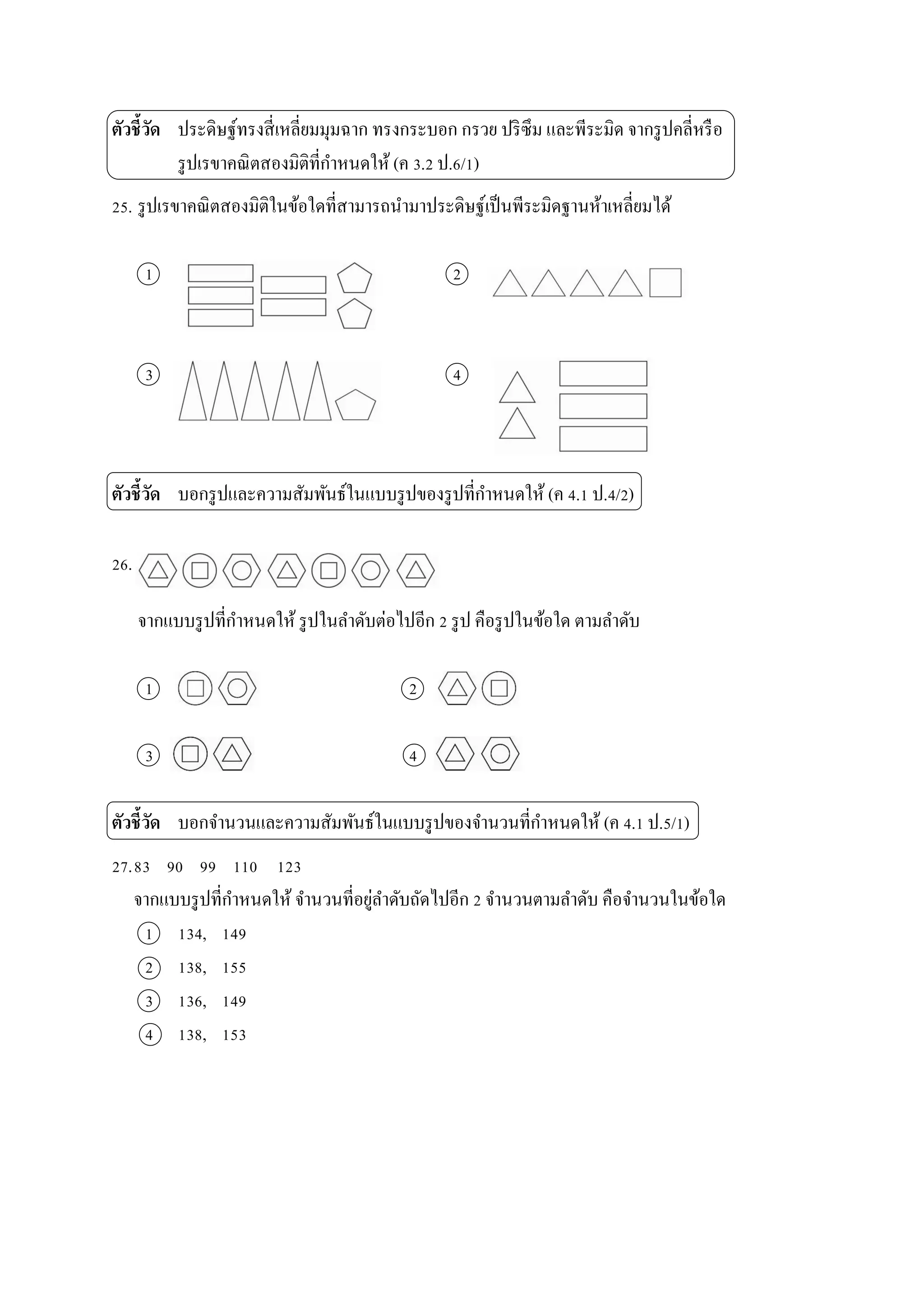 ตัวชี้วัด ประดิษฐ์ทรงสี่เหลี่ยมมุมฉำก ทรงกระบอก กรวย ปริซึม และพีระมิด จำกรูปคลี่หรือ
รูปเรขำคณิตสองมิติที่กำหนดให้ (ค 3.2 ป.6/1)
25. รูปเรขำคณิตสองมิติในข้อใดที่สำมำรถนำมำประดิษฐ์เป็นพีระมิดฐำนห้ำเหลี่ยมได้
1 2
3 4
ตัวชี้วัด บอกรูปและควำมสัมพันธ์ในแบบรูปของรูปที่กำหนดให้ (ค 4.1 ป.4/2)
26.
จำกแบบรูปที่กำหนดให้ รูปในลำดับต่อไปอีก 2 รูป คือรูปในข้อใด ตำมลำดับ
1 2
3 4
ตัวชี้วัด บอกจำนวนและควำมสัมพันธ์ในแบบรูปของจำนวนที่กำหนดให้ (ค 4.1 ป.5/1)
27.83 90 99 110 123
จำกแบบรูปที่กำหนดให้ จำนวนที่อยู่ลำดับถัดไปอีก 2 จำนวนตำมลำดับ คือจำนวนในข้อใด
1 134, 149
2 138, 155
3 136, 149
4 138, 153
 
