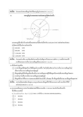 ตัวชี้วัด อ่ำนและนำเสนอข้อมูลโดยใช้แผนภูมิรูปวงกลม (ค 5.1 ม.2/1)
38. แผนภูมิรูปวงกลมแสดงรายจ่ายของบริษัทแห่งหนึ่ง
จำกแผนภูมิข้ำงต้น ถ้ำรำยจ่ำยทั้งหมดของบริษัทแห่งนี้เท่ำกับ 8,000,000 บำท รำยจ่ำยค่ำขนส่งของ
บริษัทแห่งนี้เป็นจำนวนเงินเท่ำใด
1 400,000 บำท
2 800,000 บำท
3 1,200,000 บำท
4 1,600,000 บำท
ตัวชี้วัด กำหนดประเด็น และเขียนข้อคำถำมเกี่ยวกับปัญหำหรือสถำนกำรณ์ต่ำง ๆ รวมทั้งกำหนดวิธี
กำรศึกษำและกำรเก็บรวบรวมข้อมูลที่เหมำะสม (ค 5.1 ม.3/1)
39.ข้อใดกล่ำวถูกต้อง
1 กำรนำข้อมูลที่มีอยู่แล้วมำใช้เพื่อจุดประสงค์อื่น โดยไม่ต้องเสียเวลำในกำรเก็บรวบรวมข้อมูลใหม่
เป็นกำรเก็บรวบรวมข้อมูลแบบปฐมภูมิ
2 ข้อมูลทุติยภูมิเป็นข้อมูลที่จะต้องเก็บรวบรวมข้อมูลจำกผู้ให้ข้อมูลหรือแหล่งที่มำของข้อมูลโดยตรง
3 กำรสำมะโนเป็นกำรเก็บรวบรวมข้อมูลแบบทุติยภูมิ
4 ข้อมูลที่นำมำใช้ในกำรวำงแผนและตัดสินใจแบ่งได้2 ลักษณะ คือ ข้อมูลเชิงปริมำณ และข้อมูลเชิงคุณภำพ
ตัวชี้วัด หำค่ำเฉลี่ยเลขคณิต มัธยฐำน และฐำนนิยมของข้อมูลที่ไม่ได้แจกแจงควำมถี่ และเลือกใช้ได้
อย่ำงเหมำะสม (ค 5.1 ม.3/2)
40.คะแนนเฉลี่ยของกำรสอบวิชำคณิตศำสตร์ที่มีคะแนนเต็ม 15 คะแนน ของนักเรียนห้องหนึ่ง
ซึ่งได้คะแนนดังนี้
8, 12, a, 6, 8, a, 9, a – 4, a + 3, 12, 5 และ 15 เท่ำกับ 8.5 คะแนน จงหำคะแนนของ a
1 3 คะแนน
2 7 คะแนน
3 9 คะแนน
4 10 คะแนน
x
 