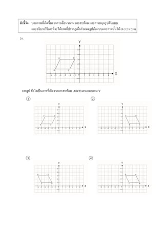 ตัวชี้วัด บอกภำพที่เกิดขึ้นจำกกำรเลื่อนขนำน กำรสะท้อน และกำรหมุนรูปต้นแบบ
และอธิบำยวิธีกำรที่จะได้ภำพที่ปรำกฏเมื่อกำหนดรูปต้นแบบและภำพนั้นให้ (ค 3.2 ม.2/4)
28.
จำกรูป ข้อใดเป็นภำพที่เกิดจำกกำรสะท้อน ABCD ตำมแนวแกน Y
1 2
3 4
 