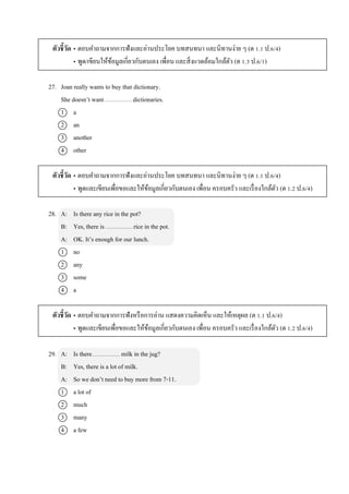 ตัวชี้วัด • ตอบคำถำมจำกกำรฟังและอ่ำนประโยค บทสนทนำ และนิทำนง่ำย ๆ (ต 1.1 ป.6/4)
• พูด/เขียนให้ข้อมูลเกี่ยวกับตนเอง เพื่อน และสิ่งแวดล้อมใกล้ตัว (ต 1.3 ป.6/1)
27. Joan really wants to buy that dictionary.
She doesn’t want dictionaries.
1 a
2 an
3 another
4 other
ตัวชี้วัด • ตอบคำถำมจำกกำรฟังและอ่ำนประโยค บทสนทนำ และนิทำนง่ำย ๆ (ต 1.1 ป.6/4)
• พูดและเขียนเพื่อขอและให้ข้อมูลเกี่ยวกับตนเอง เพื่อน ครอบครัว และเรื่องใกล้ตัว (ต 1.2 ป.6/4)
28. A: Is there any rice in the pot?
B: Yes, there is rice in the pot.
A: OK. It’s enough for our lunch.
1 no
2 any
3 some
4 a
ตัวชี้วัด • ตอบคำถำมจำกกำรฟังหรือกำรอ่ำน แสดงควำมคิดเห็น และให้เหตุผล (ต 1.1 ป.6/4)
• พูดและเขียนเพื่อขอและให้ข้อมูลเกี่ยวกับตนเอง เพื่อน ครอบครัว และเรื่องใกล้ตัว (ต 1.2 ป.6/4)
29. A: Is there milk in the jug?
B: Yes, there is a lot of milk.
A: So we don’t need to buy more from 7-11.
1 a lot of
2 much
3 many
4 a few
 