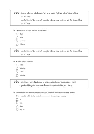 ตัวชี้วัด • เลือก/ระบุประโยค หรือข้อควำมสั้น ๆ ตรงตำมภำพ สัญลักษณ์ หรือเครื่องหมำยที่อ่ำน
(ต 1.1 ป.6/3)
• พูดหรือเขียนโดยใช้ภำพ แผนผัง แผนภูมิ กำรจัดหมวดหมู่ สรุปใจควำมสำคัญ วิเครำะห์เรื่อง
(ต 1.3 ป.6/2)
33. Which one is different in terms of word form?
1 deer
2 men
3 women
4 children
ตัวชี้วัด • พูดหรือเขียนโดยใช้ภำพ แผนผัง แผนภูมิ กำรจัดหมวดหมู่ สรุปใจควำมสำคัญ วิเครำะห์เรื่อง
(ต 1.3 ป.6/2)
34. Clinton speaks softly and .
1 polite
2 politely
3 politeness
4 politety
ตัวชี้วัด • ตอบคำถำมจำกกำรฟังหรือกำรอ่ำน แสดงควำมคิดเห็น และให้เหตุผล (ต 1.1 ป.6/4)
• พูด/เขียนให้ข้อมูลเกี่ยวกับตนเอง เพื่อน และสิ่งแวดล้อมใกล้ตัว (ต 1.3 ป.6/1)
35. Michael likes and practices singing every day. Now he is 10 years old and very talented.
Every member in his family thinks he a famous singer one day.
1 is
2 was
3 does
4 will be
 