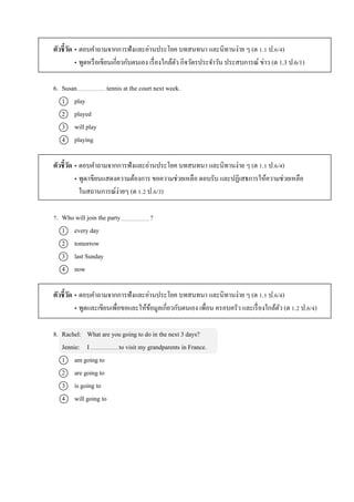 ตัวชี้วัด • ตอบคำถำมจำกกำรฟังและอ่ำนประโยค บทสนทนำ และนิทำนง่ำย ๆ (ต 1.1 ป.6/4)
• พูดหรือเขียนเกี่ยวกับตนเอง เรื่องใกล้ตัว กิจวัตรประจำวัน ประสบกำรณ์ ข่ำว (ต 1.3 ป.6/1)
6. Susan tennis at the court next week.
1 play
2 played
3 will play
4 playing
ตัวชี้วัด • ตอบคำถำมจำกกำรฟังและอ่ำนประโยค บทสนทนำ และนิทำนง่ำย ๆ (ต 1.1 ป.6/4)
• พูด/เขียนแสดงควำมต้องกำร ขอควำมช่วยเหลือ ตอบรับ และปฏิเสธกำรให้ควำมช่วยเหลือ
ในสถำนกำรณ์ง่ำยๆ (ต 1.2 ป.6/3)
7. Who will join the party ?
1 every day
2 tomorrow
3 last Sunday
4 now
ตัวชี้วัด • ตอบคำถำมจำกกำรฟังและอ่ำนประโยค บทสนทนำ และนิทำนง่ำย ๆ (ต 1.1 ป.6/4)
• พูดและเขียนเพื่อขอและให้ข้อมูลเกี่ยวกับตนเอง เพื่อน ครอบครัว และเรื่องใกล้ตัว (ต 1.2 ป.6/4)
8. Rachel: What are you going to do in the next 3 days?
Jennie: I to visit my grandparents in France.
1 am going to
2 are going to
3 is going to
4 will going to
 
