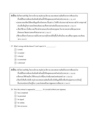 ตัวชี้วัด จับใจควำมสำคัญ วิเครำะห์ควำม สรุปควำม ตีควำม และแสดงควำมคิดเห็นจำกกำรฟังและอ่ำน
เรื่องที่เป็นสำรคดีและบันเทิงคดี พร้อมทั้งให้เหตุผลและยกตัวอย่ำงประกอบ (ต 1.1 ม. 6/4)
 สนทนำและเขียนโต้ตอบข้อมูลเกี่ยวกับตนเอง เรื่องต่ำง ๆ ใกล้ตัว ประสบกำรณ์ สถำนกำรณ์ ข่ำว/เหตุกำรณ์
ประเด็นที่อยู่ในควำมสนใจของสังคม และสื่อสำรอย่ำงต่อเนื่องและเหมำะสม (ต 1.2 ม.6/1)
 เลือกใช้ภำษำ น้ำเสียง และกิริยำท่ำทำงเหมำะกับระดับของบุคคล โอกำส และสถำนที่ตำมมำรยำท
สังคมและวัฒนธรรมของเจ้ำของภำษำ (ต 2.1 ม.6/1)
ใช้ภำษำสื่อสำรในสถำนกำรณ์จริง/สถำนกำรณ์จำลองที่เกิดขึ้นในห้องเรียน สถำนศึกษำ ชุมชน และสังคม
(ต 4.1 ม.6/1)
27. What’s wrong with the drawer? I can’t open it. It ___________ .
1 is stuck
2 is cracked
3 is buried
4 is committed
5 is drowned
ตัวชี้วัด  จับใจควำมสำคัญ วิเครำะห์ควำม สรุปควำม ตีควำม และแสดงควำมคิดเห็นจำกกำรฟังและอ่ำน
เรื่องที่เป็นสำรคดีและบันเทิงคดี พร้อมทั้งให้เหตุผลและยกตัวอย่ำงประกอบ (ต 1.1 ม.6/4)
 เลือกและใช้คำขอร้อง ให้คำแนะนำ คำชี้แจง คำอธิบำยอย่ำงคล่องแคล่ว (ต 1.2 ม.6/2)
 ค้นคว้ำ/สืบค้น บันทึก สรุป และแสดงควำมคิดเห็นเกี่ยวกับข้อมูลที่เกี่ยวข้องกับกลุ่มสำระกำรเรียนรู้
อื่นจำกแหล่งกำรเรียนรู้ต่ำง ๆ และนำเสนอด้วยกำรพูดและกำรเขียน (ต 3.1 ม.6/1)
28. Non, this contract is supposed to ________ . It is invalid without your signature.
1 have completed
2 be permitted
3 be signed
4 be validity
5 have an access
 