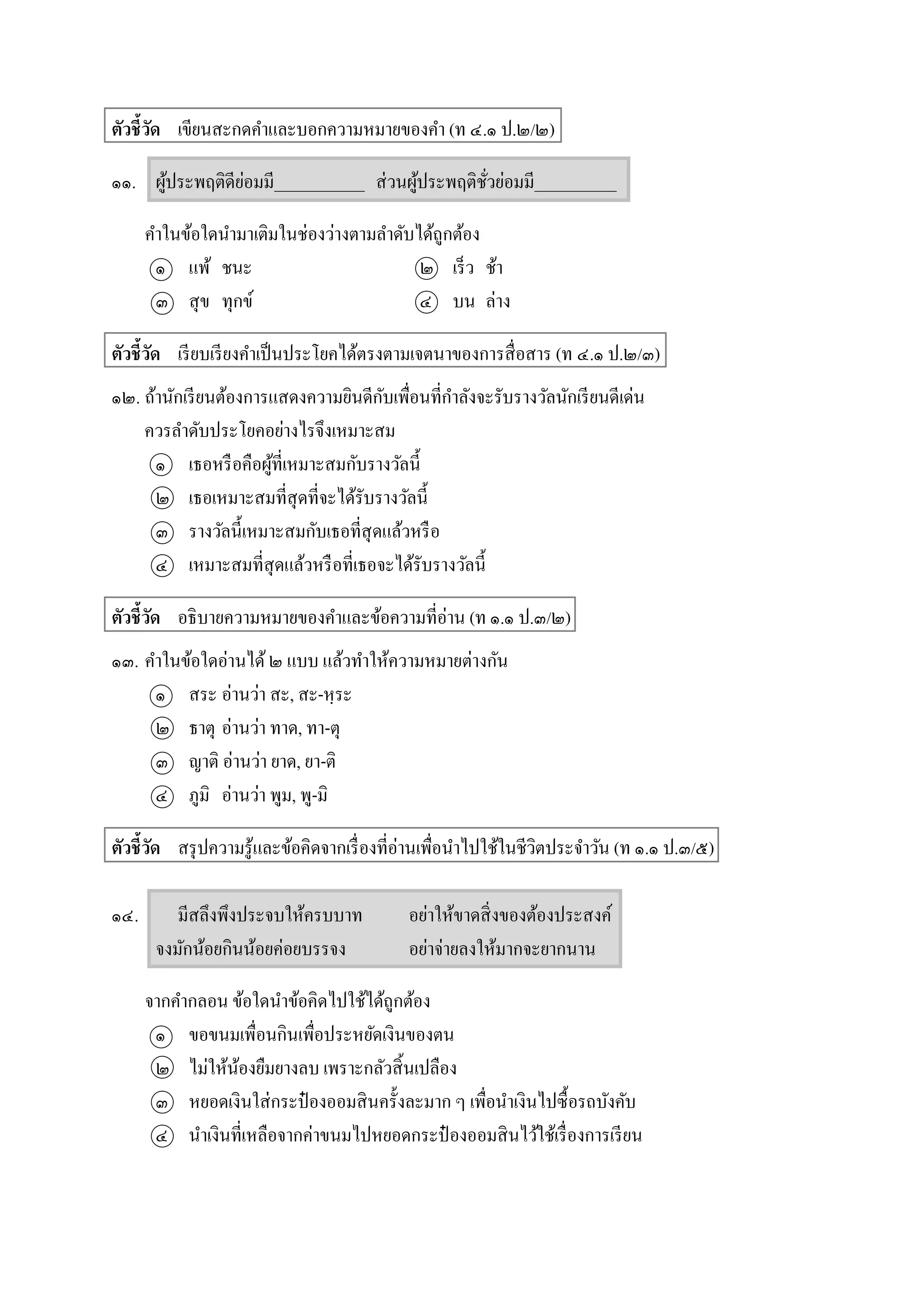 ตัวชี้วัด เขียนสะกดคำและบอกควำมหมำยของคำ (ท ๔.๑ ป.๒/๒)
๑๑. ผู้ประพฤติดีย่อมมี___________ ส่วนผู้ประพฤติชั่วย่อมมี__________
คำในข้อใดนำมำเติมในช่องว่ำงตำมลำดับได้ถูกต้อง
๑ แพ้ ชนะ ๒ เร็ว ช้ำ
๓ สุข ทุกข์ ๔ บน ล่ำง
ตัวชี้วัด เรียบเรียงคำเป็นประโยคได้ตรงตำมเจตนำของกำรสื่อสำร (ท ๔.๑ ป.๒/๓)
๑๒. ถ้ำนักเรียนต้องกำรแสดงควำมยินดีกับเพื่อนที่กำลังจะรับรำงวัลนักเรียนดีเด่น
ควรลำดับประโยคอย่ำงไรจึงเหมำะสม
๑ เธอหรือคือผู้ที่เหมำะสมกับรำงวัลนี้
๒ เธอเหมำะสมที่สุดที่จะได้รับรำงวัลนี้
๓ รำงวัลนี้เหมำะสมกับเธอที่สุดแล้วหรือ
๔ เหมำะสมที่สุดแล้วหรือที่เธอจะได้รับรำงวัลนี้
ตัวชี้วัด อธิบำยควำมหมำยของคำและข้อควำมที่อ่ำน (ท ๑.๑ ป.๓/๒)
๑๓. คำในข้อใดอ่ำนได้๒ แบบ แล้วทำให้ควำมหมำยต่ำงกัน
๑ สระ อ่ำนว่ำ สะ, สะ-หฺระ
๒ ธำตุ อ่ำนว่ำ ทำด, ทำ-ตุ
๓ ญำติ อ่ำนว่ำ ยำด, ยำ-ติ
๔ ภูมิ อ่ำนว่ำ พูม, พู-มิ
ตัวชี้วัด สรุปควำมรู้และข้อคิดจำกเรื่องที่อ่ำนเพื่อนำไปใช้ในชีวิตประจำวัน (ท ๑.๑ ป.๓/๕)
๑๔. มีสลึงพึงประจบให้ครบบำท อย่ำให้ขำดสิ่งของต้องประสงค์
จงมักน้อยกินน้อยค่อยบรรจง อย่ำจ่ำยลงให้มำกจะยำกนำน
จำกคำกลอน ข้อใดนำข้อคิดไปใช้ได้ถูกต้อง
๑ ขอขนมเพื่อนกินเพื่อประหยัดเงินของตน
๒ ไม่ให้น้องยืมยำงลบ เพรำะกลัวสิ้นเปลือง
๓ หยอดเงินใส่กระป๋ องออมสินครั้งละมำก ๆ เพื่อนำเงินไปซื้อรถบังคับ
๔ นำเงินที่เหลือจำกค่ำขนมไปหยอดกระป๋ องออมสินไว้ใช้เรื่องกำรเรียน
 