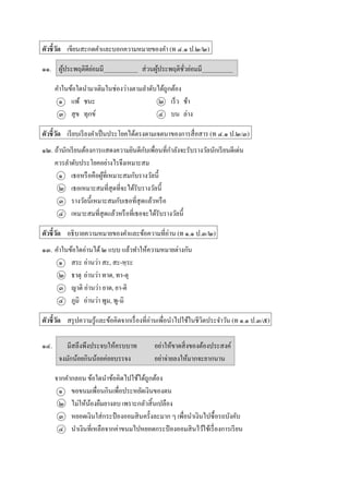 ตัวชี้วัด เขียนสะกดคำและบอกควำมหมำยของคำ (ท ๔.๑ ป.๒/๒)
๑๑. ผู้ประพฤติดีย่อมมี___________ ส่วนผู้ประพฤติชั่วย่อมมี__________
คำในข้อใดนำมำเติมในช่องว่ำงตำมลำดับได้ถูกต้อง
๑ แพ้ ชนะ ๒ เร็ว ช้ำ
๓ สุข ทุกข์ ๔ บน ล่ำง
ตัวชี้วัด เรียบเรียงคำเป็นประโยคได้ตรงตำมเจตนำของกำรสื่อสำร (ท ๔.๑ ป.๒/๓)
๑๒. ถ้ำนักเรียนต้องกำรแสดงควำมยินดีกับเพื่อนที่กำลังจะรับรำงวัลนักเรียนดีเด่น
ควรลำดับประโยคอย่ำงไรจึงเหมำะสม
๑ เธอหรือคือผู้ที่เหมำะสมกับรำงวัลนี้
๒ เธอเหมำะสมที่สุดที่จะได้รับรำงวัลนี้
๓ รำงวัลนี้เหมำะสมกับเธอที่สุดแล้วหรือ
๔ เหมำะสมที่สุดแล้วหรือที่เธอจะได้รับรำงวัลนี้
ตัวชี้วัด อธิบำยควำมหมำยของคำและข้อควำมที่อ่ำน (ท ๑.๑ ป.๓/๒)
๑๓. คำในข้อใดอ่ำนได้๒ แบบ แล้วทำให้ควำมหมำยต่ำงกัน
๑ สระ อ่ำนว่ำ สะ, สะ-หฺระ
๒ ธำตุ อ่ำนว่ำ ทำด, ทำ-ตุ
๓ ญำติ อ่ำนว่ำ ยำด, ยำ-ติ
๔ ภูมิ อ่ำนว่ำ พูม, พู-มิ
ตัวชี้วัด สรุปควำมรู้และข้อคิดจำกเรื่องที่อ่ำนเพื่อนำไปใช้ในชีวิตประจำวัน (ท ๑.๑ ป.๓/๕)
๑๔. มีสลึงพึงประจบให้ครบบำท อย่ำให้ขำดสิ่งของต้องประสงค์
จงมักน้อยกินน้อยค่อยบรรจง อย่ำจ่ำยลงให้มำกจะยำกนำน
จำกคำกลอน ข้อใดนำข้อคิดไปใช้ได้ถูกต้อง
๑ ขอขนมเพื่อนกินเพื่อประหยัดเงินของตน
๒ ไม่ให้น้องยืมยำงลบ เพรำะกลัวสิ้นเปลือง
๓ หยอดเงินใส่กระป๋ องออมสินครั้งละมำก ๆ เพื่อนำเงินไปซื้อรถบังคับ
๔ นำเงินที่เหลือจำกค่ำขนมไปหยอดกระป๋ องออมสินไว้ใช้เรื่องกำรเรียน
 
