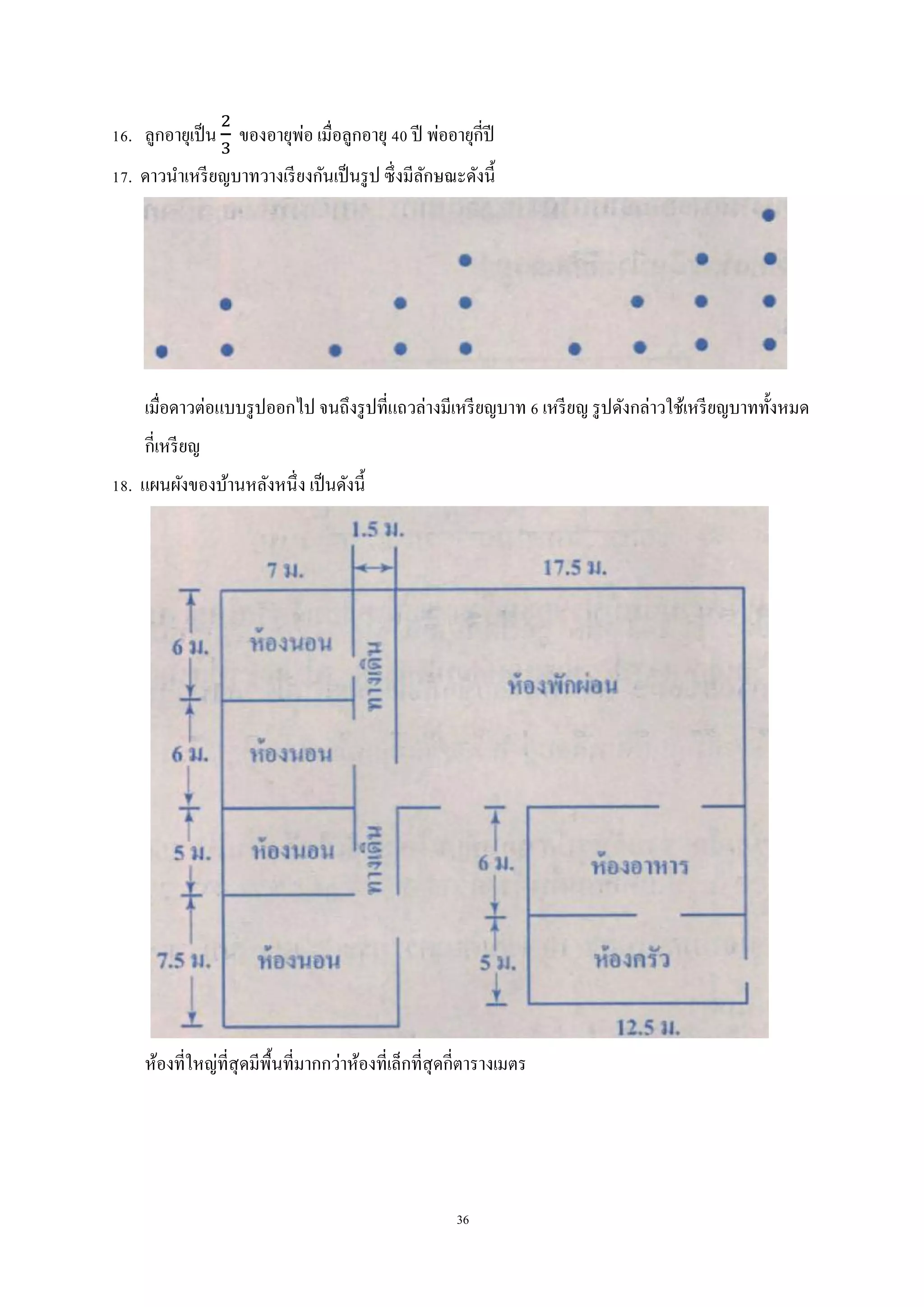 36
16. ลูกอายุเป็น ของอายุพ่อ เมื่อลูกอายุ 40 ปี พ่ออายุกี่ปี
17. ดาวนาเหรียญบาทวางเรียงกันเป็นรูป ซึ่งมีลักษณะดังนี้
เมื่อดาวต่อแบบรูปออกไป จนถึงรูปที่แถวล่างมีเหรียญบาท 6 เหรียญ รูปดังกล่าวใช้เหรียญบาททั้งหมด
กี่เหรียญ
18. แผนผังของบ้านหลังหนึ่ง เป็นดังนี้
ห้องที่ใหญ่ที่สุดมีพื้นที่มากกว่าห้องที่เล็กที่สุดกี่ตารางเมตร
 