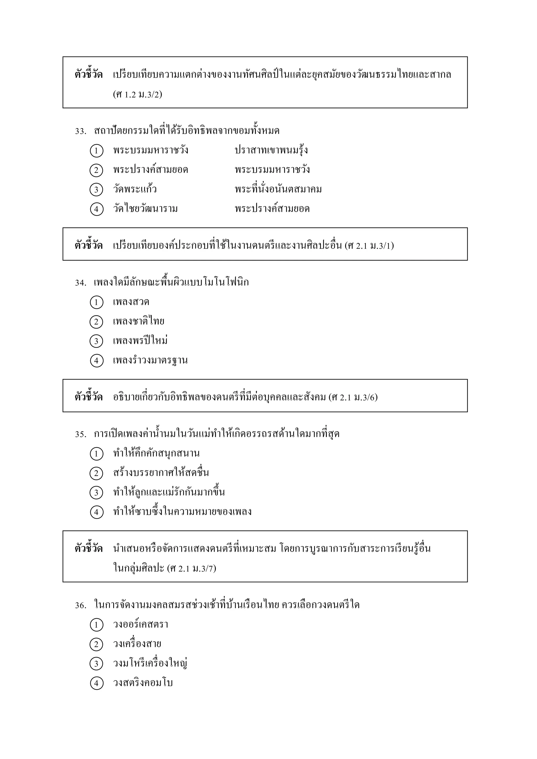 ตัวชี้วัด เปรียบเทียบควำมแตกต่ำงของงำนทัศนศิลป์ ในแต่ละยุคสมัยของวัฒนธรรมไทยและสำกล
(ศ 1.2 ม.3/2)
33. สถำปัตยกรรมใดที่ได้รับอิทธิพลจำกขอมทั้งหมด
1 พระบรมมหำรำชวัง ปรำสำทเขำพนมรุ้ง
2 พระปรำงค์สำมยอด พระบรมมหำรำชวัง
3 วัดพระแก้ว พระที่นั่งอนันตสมำคม
4 วัดไชยวัฒนำรำม พระปรำงค์สำมยอด
ตัวชี้วัด เปรียบเทียบองค์ประกอบที่ใช้ในงำนดนตรีและงำนศิลปะอื่น (ศ 2.1 ม.3/1)
34. เพลงใดมีลักษณะพื้นผิวแบบโมโนโฟนิก
1 เพลงสวด
2 เพลงชำติไทย
3 เพลงพรปีใหม่
4 เพลงรำวงมำตรฐำน
ตัวชี้วัด อธิบำยเกี่ยวกับอิทธิพลของดนตรีที่มีต่อบุคคลและสังคม (ศ 2.1 ม.3/6)
35. กำรเปิดเพลงค่ำน้ำนมในวันแม่ทำให้เกิดอรรถรสด้ำนใดมำกที่สุด
1 ทำให้คึกคักสนุกสนำน
2 สร้ำงบรรยำกำศให้สดชื่น
3 ทำให้ลูกและแม่รักกันมำกขึ้น
4 ทำให้ซำบซึ้งในควำมหมำยของเพลง
ตัวชี้วัด นำเสนอหรือจัดกำรแสดงดนตรีที่เหมำะสม โดยกำรบูรณำกำรกับสำระกำรเรียนรู้อื่น
ในกลุ่มศิลปะ (ศ 2.1 ม.3/7)
36. ในกำรจัดงำนมงคลสมรสช่วงเช้ำที่บ้ำนเรือนไทย ควรเลือกวงดนตรีใด
1 วงออร์เคสตรำ
2 วงเครื่องสำย
3 วงมโหรีเครื่องใหญ่
4 วงสตริงคอมโบ
 