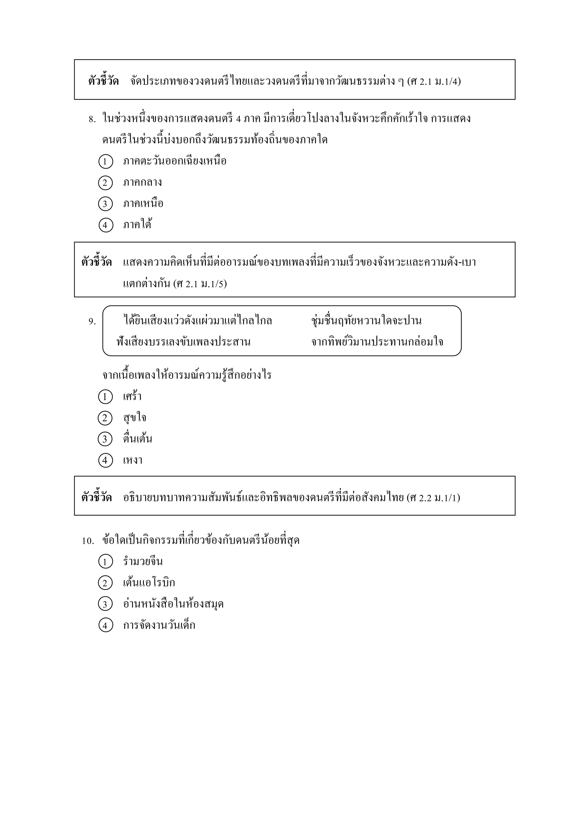 ตัวชี้วัด จัดประเภทของวงดนตรีไทยและวงดนตรีที่มำจำกวัฒนธรรมต่ำง ๆ (ศ 2.1 ม.1/4)
8. ในช่วงหนึ่งของกำรแสดงดนตรี 4 ภำค มีกำรเดี่ยวโปงลำงในจังหวะคึกคักเร้ำใจ กำรแสดง
ดนตรีในช่วงนี้บ่งบอกถึงวัฒนธรรมท้องถิ่นของภำคใด
1 ภำคตะวันออกเฉียงเหนือ
2 ภำคกลำง
3 ภำคเหนือ
4 ภำคใต้
ตัวชี้วัด แสดงควำมคิดเห็นที่มีต่ออำรมณ์ของบทเพลงที่มีควำมเร็วของจังหวะและควำมดัง-เบำ
แตกต่ำงกัน (ศ 2.1 ม.1/5)
9. ได้ยินเสียงแว่วดังแผ่วมำแต่ไกลไกล ชุ่มชื่นฤทัยหวำนใดจะปำน
ฟังเสียงบรรเลงขับเพลงประสำน จำกทิพย์วิมำนประทำนกล่อมใจ
จำกเนื้อเพลงให้อำรมณ์ควำมรู้สึกอย่ำงไร
1 เศร้ำ
2 สุขใจ
3 ตื่นเต้น
4 เหงำ
ตัวชี้วัด อธิบำยบทบำทควำมสัมพันธ์และอิทธิพลของดนตรีที่มีต่อสังคมไทย (ศ 2.2 ม.1/1)
10. ข้อใดเป็นกิจกรรมที่เกี่ยวข้องกับดนตรีน้อยที่สุด
1 รำมวยจีน
2 เต้นแอโรบิก
3 อ่ำนหนังสือในห้องสมุด
4 กำรจัดงำนวันเด็ก
 