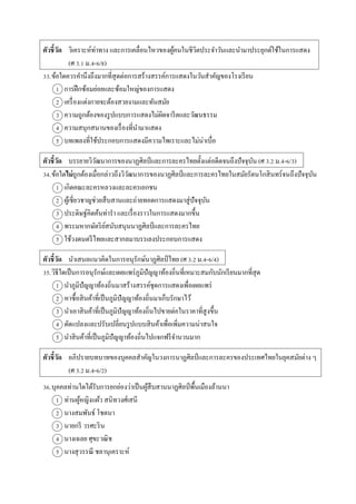 ตัวชี้วัด วิเครำะห์ท่ำทำง และกำรเคลื่อนไหวของผู้คนในชีวิตประจำวันและนำมำประยุกต์ใช้ในกำรแสดง
(ศ 3.1 ม.4-6/8)
33.ข้อใดควรคำนึงถึงมำกที่สุดต่อกำรสร้ำงสรรค์กำรแสดงในวันสำคัญของโรงเรียน
1 กำรฝึกซ้อมย่อยและซ้อมใหญ่ของกำรแสดง
2 เครื่องแต่งกำยจะต้องสวยงำมและทันสมัย
3 ควำมถูกต้องของรูปแบบกำรแสดงไม่ผิดจำรีตและวัฒนธรรม
4 ควำมสนุกสนำนของเรื่องที่นำมำแสดง
5 บทเพลงที่ใช้ประกอบกำรแสดงมีควำมไพเรำะและไม่น่ำเบื่อ
ตัวชี้วัด บรรยำยวิวัฒนำกำรของนำฏศิลป์ และกำรละครไทยตั้งแต่อดีตจนถึงปัจจุบัน (ศ 3.2 ม.4-6/3)
34.ข้อใดไม่ถูกต้องเมื่อกล่ำวถึงวิวัฒนำกำรของนำฏศิลป์และกำรละครไทยในสมัยรัตนโกสินทร์จนถึงปัจจุบัน
1 เกิดคณะละครหลวงและละครเอกชน
2 ผู้เชี่ยวชำญช่วยสืบสำนและถ่ำยทอดกำรแสดงมำสู่ปัจจุบัน
3 ประดิษฐ์คิดค้นท่ำรำ และเรื่องรำวในกำรแสดงมำกขึ้น
4 พระมหำกษัตริย์สนับสนุนนำฏศิลป์และกำรละครไทย
5 ใช้วงดนตรีไทยและสำกลมำบรรเลงประกอบกำรแสดง
ตัวชี้วัด นำเสนอแนวคิดในกำรอนุรักษ์นำฏศิลป์ไทย (ศ 3.2 ม.4-6/4)
35.วิธีใดเป็นกำรอนุรักษ์และเผยแพร่ภูมิปัญญำท้องถิ่นที่เหมำะสมกับนักเรียนมำกที่สุด
1 นำภูมิปัญญำท้องถิ่นมำสร้ำงสรรค์ชุดกำรแสดงเพื่อเผยแพร่
2 หำซื้อสินค้ำที่เป็นภูมิปัญญำท้องถิ่นมำเก็บรักษำไว้
3 นำเอำสินค้ำที่เป็นภูมิปัญญำท้องถิ่นไปขำยต่อในรำคำที่สูงขึ้น
4 ดัดแปลงและปรับเปลี่ยนรูปแบบสินค้ำเพื่อเพิ่มควำมน่ำสนใจ
5 นำสินค้ำที่เป็นภูมิปัญญำท้องถิ่นไปแจกฟรีจำนวนมำก
ตัวชี้วัด อภิปรำยบทบำทของบุคคลสำคัญในวงกำรนำฏศิลป์ และกำรละครของประเทศไทยในยุคสมัยต่ำง ๆ
(ศ 3.2 ม.4-6/2)
36.บุคคลท่ำนใดได้รับกำรยกย่องว่ำเป็นผู้สืบสำนนำฏศิลป์ พื้นเมืองล้ำนนำ
1 ท่ำนผู้หญิงแผ้ว สนิทวงศ์เสนี
2 นำงสมพันธ์ โชตนำ
3 นำยกรี วรศะริน
4 นำงเฉลย ศุขะวณิช
5 นำงสุวรรณี ชลำนุเครำะห์
 