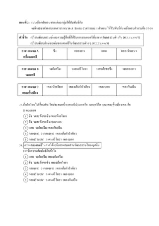 ตอนที่ 2 : แบบเลือกคำตอบจำกแต่ละกลุ่มให้สัมพันธ์กัน
จงพิจำรณำคำตอบจำกตำรำงหมวด A B และ C ตำรำงละ 1 คำตอบ ให้สัมพันธ์กัน แล้วตอบคำถำมข้อ 37-39
ตัวชี้วัด เปรียบเทียบอำรมณ์และควำมรู้สึกที่ได้รับจำกงำนดนตรีที่มำจำกวัฒนธรรมต่ำงกัน (ศ 2.1 ม.4-6/7)
เปรียบเทียบลักษณะเด่นของดนตรีในวัฒนธรรมต่ำง ๆ (ศ 2.2 ม.4-6/3)
ตารางหมวด A
เครื่องดนตรี
ซึง กลองยำว แคน กลองรำมะนำ
ตารางหมวด B
วงดนตรี
วงกันตรึม วงดนตรีโนรำ วงสะล้อซอซึง วงกลองยำว
ตารางหมวด C
เพลงพื้นเมือง
เพลงน้อยใจยำ เพลงเต้นกำรำเคียว เพลงบอก เพลงกันตรึม
37.ถ้ำนักเรียนไปเที่ยวเชียงใหม่จะพบเครื่องดนตรีประเภทใด วงดนตรีใด และเพลงพื้นเมืองเพลงใด
(3 คะแนน)
1 ซึง วงสะล้อซอซึง เพลงน้อยใจยำ
2 ซึง วงสะล้อซอซึง เพลงบอก
3 แคน วงกันตรึม เพลงกันตรึม
4 กลองยำว วงกลองยำว เพลงเต้นกำรำเคียว
5 กลองรำมะนำ วงดนตรีโนรำ เพลงบอก
38. กำรแสดงดนตรีในภำคใต้จะมีกำรผสมผสำนวัฒนธรรมไทย-มุสลิม
จำกข้อควำมสัมพันธ์กับข้อใด
1 แคน วงกันตรึม เพลงกันตรึม
2 ซึง วงสะล้อซอซึง เพลงน้อยใจยำ
3 กลองยำว วงกลองยำว เพลงเต้นกำรำเคียว
4 กลองรำมะนำ วงดนตรีโนรำ เพลงบอก
5 กลองรำมะนำ วงดนตรีโนรำ เพลงกันตรึม
 