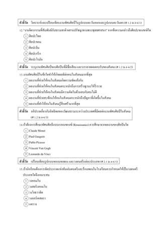 ตัวชี้วัด วิเครำะห์และเปรียบเทียบงำนทัศนศิลป์ในรูปแบบตะวันออกและรูปแบบตะวันตก (ศ 1.2 ม.4-6/1)
12.“งำนจิตรกรรมที่สัมพันธ์กับธรรมชำติ ผสำนปรัชญำทำงพระพุทธศำสนำ” จำกข้อควำมกล่ำวถึงศิลปะของชำติใด
1 ศิลปะไทย
2 ศิลปะขอม
3 ศิลปะจีน
4 ศิลปะกรีก
5 ศิลปะโรมัน
ตัวชี้วัด ระบุงำนทัศนศิลป์ของศิลปินที่มีชื่อเสียง และบรรยำยผลตอบรับของสังคม (ศ 1.2 ม.4-6/2)
13.งำนทัศนศิลป์ ในข้อใดทำให้เกิดผลดีต่อคนในสังคมมำกที่สุด
1 ผลงำนที่ช่วยให้คนในสังคมเกิดควำมขัดแย้งกัน
2 ผลงำนที่ช่วยให้คนในสังคมตระหนักถึงกำรสร้ำงฐำนะให้ร่ำรวย
3 ผลงำนที่ช่วยให้คนในสังคมมีควำมคิดในด้ำนลบกับคนไม่ดี
4 ผลงำนที่ช่วยสะท้อนให้คนในสังคมตระหนักถึงปัญหำที่เกิดขึ้นในสังคม
5 ผลงำนที่ทำให้คนในสังคมรู้สึกเศร้ำมำกที่สุด
ตัวชี้วัด อภิปรำยเกี่ยวกับอิทธิพลของวัฒนธรรมระหว่ำงประเทศที่มีผลต่องำนทัศนศิลป์ ในสังคม
(ศ 1.2 ม.4-6/3)
14.ถ้ำต้องกำรศึกษำทัศนศิลป์แบบเรอเนซองซ์ (Renaissance) ควรศึกษำจำกผลงำนของศิลปินใด
1 Claude Monet
2 Paul Gauguin
3 Pablo Picasso
4 Vincent Van Gogh
5 Leonardo da Vinci
ตัวชี้วัด เปรียบเทียบรูปแบบของบทเพลง และวงดนตรีแต่ละประเภท (ศ 2.1 ม.4-6/1)
15.ถ้ำนักเรียนต้องกำรจัดประกวดแข่งขันเล่นดนตรีและร้องเพลงในโรงเรียนควรกำหนดให้เป็นวงดนตรี
ประเภทใดจึงเหมำะสม
1 วงคอมโบ
2 วงสตริงคอมโบ
3 วงโยธวำทิต
4 วงออร์เคสตรำ
5 แตรวง
 