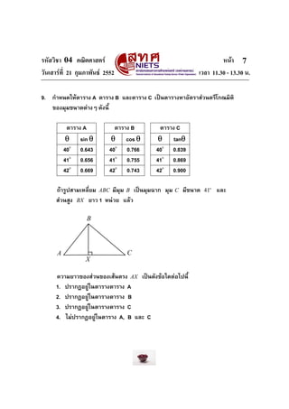 รหัสวิชา 04 คณิตศาสตร หนา
วันเสารที่ 21 กุมภาพันธ 2552 เวลา 11.30 - 13.30 น.
7
9. กําหนดใหตาราง A ตาราง B และตาราง C ...