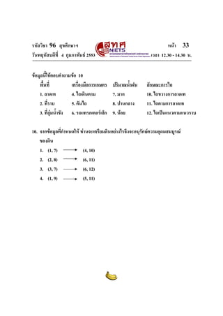 รหัสวิชา 96 สุขศึกษาฯ หน้า 33 
วันพฤหัสบดีที่ 4 กุมภาพันธ์ 2553 เวลา 12.30 - 14.30 น. 
ข้อมูลนี้ใช้ตอบคำถามข้อ 10 
พื้นที่ เครื่องมือการเกษตร ปริมาณน้ำฝน ลักษณะการไถ 
1. ลาดเท 4. ไถเดินตาม 7. มาก 10. ไถขวางการลาดเท 
2. ที่ราบ 5. คันไถ 8. ปานกลาง 11. ไถตามการลาดเท 
3. ที่ลุ่มน้ำขัง 6. รถแทรกเตอร์เล็ก 9. น้อย 12. ไถเป็นแนวตามแนวราบ 
10. จากข้อมูลที่กำหนดให้ ท่านจะเตรียมดินอย่างไรจึงจะอนุรักษ์ความอุดมสมบูรณ์ 
ของดิน 
1. (1, 7) (4, 10) 
2. (2, 8) (6, 11) 
3. (3, 7) (6, 12) 
4. (1, 9) (5, 11) 
 