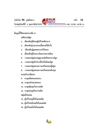 รหัสวิชา 96 สุขศึกษาฯ หน้า 34 
วันพฤหัสบดีที่ 4 กุมภาพันธ์ 2553 เวลา 12.30 - 14.30 น. 
ข้อมูลนี้ใช้ตอบคำถามข้อ 11 
หลักการปลูก 
1. เลือกพันธุ์ดีตามผู้บริโภคต้องการ 
2. เลือกพันธุ์ราคาแพงเพื่อขายได้กำไร 
3. เลือกพันธุ์ลูกผสมราคาไม่แพง 
4. เลือกพันธุ์ดีเหมาะกับสภาพแวดล้อม 
5. วางแผนปลูกตามฤดูกาลปกติของการปลูก 
6. วางแผนปลูกในช่วงที่คนไม่ค่อยปลูก 
7. วางแผนปลูกตามความพร้อมของผู้ปลูก 
8. วางแผนปลูกตามความพร้อมของต้นทุน 
การบริหารจัดการ 
9. หาจุดด้อยของตนเอง 
10. หาจุดแข็งของตนเอง 
11. หาจุดคุ้มทุนในการผลิต 
12. หาจุดสมดุลในการผลิต 
กลุ่มเป้าหมาย 
13. ผู้บริโภคภูมิใจในผลผลิต 
14. ผู้บริโภคพึงพอใจในผลผลิต 
15. ผู้บริโภคมั่นใจในผลผลิต 
 
