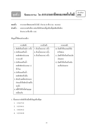 ชุดที่ 2

ข้ อสอบ O-Net วิชา การงานอาชีพและเทคโนโลยี 2552

ปี การศึกษา

ตอนที่ 1 การงานอาชีพและเทคโนโลยี : จํานวน 30 ข้อ (รวม คะแนน)
ส่ วนที่ 1 : แบบระบายตัวเลือก แต่ละข้อมีคาตอบที่ถูกต้องที่สุดเพียงข้อเดียว
ํ
จํานวน 26 ข้อ (ข้อ 1-26)
ข้อมูลนี้ใช้ตอบคําถามข้อ 1
การซักผ้า
การล้างผ้า
1. ซักผ้าด้วยนํ้าเปล่า 1 ครั้ง 7. ล้างนํ้าสะอาด 1 ครั้ง
2. นําผ้าลงแช่ในนํ้า
8. ล้างนํ้าสะอาด 2 ครั้ง
ผงซักฟอกประมาณ
9. ล้างนํ้าสะอาด 3 ครั้ง
5-10 นาที
3. นําผ้าลงแช่ในนํ้า
ผงซักฟอกประมาณ 1-2
ชัวโมง
่
4. นําผ้าลงแช่ในนํ้า
ผงซักฟอกค้างคืน
5. ซักบริ เวณที่สกปรกมาก
ก่อนแล้วจึงซักบริ เวณอื่น
จนทัว
่
6. ขยี้ผาให้ทวทั้งตัวทุกจุด
้ ั่
เหมือนกัน
1. ขั้นตอนการซักผ้าด้วยมือข้อใดถูกต้องที่สุด
1. 1-3-6-7-12
2. 1-2-5-8-11
3. 1-4-6-9-12
4. 1-2-5-8-10

19

การตากผ้า
10. บีบผ้าให้หมาดแล้วจึง
นําไปตาก
11. บิดผ้าให้แห้งแล้วสะบัด
ก่อนตาก
12. บิดผ้าให้แห้งแล้วกลับ
ตะเข็บก่อนตาก

 