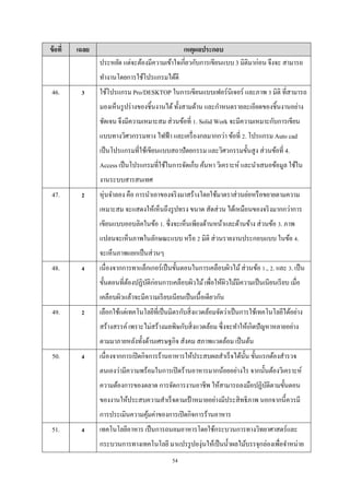ข้ อที่

เฉลย

เหตุผลประกอบ
ประหยัด แต่จะต้องมีความเข้าใจเกี่ยวกับการเขียนแบบ 3 มิติมาก่อน จึงจะ สามารถ
ทํางานโดยการใช้โปรแกรมได้ดี

46.

3

ใช้โปรแกรม Pro/DESKTOP ในการเขียนแบบเฟอร์นิเจอร์ และภาพ 3 มิติ ที่สามารถ
มองเห็นรู ปร่ างของชิ้นงานได้ ทั้งสามด้าน และกําหนดรายละเอียดของชิ้นงานอย่าง
ชัดเจน จึงมีความเหมาะสม ส่ วนข้อที่ 1. Solid Work จะมีความเหมาะกับการเขียน
แบบทางวิศวกรรมทาง ไฟฟ้ า และเครื่ องกลมากกว่า ข้อที่ 2. โปรแกรม Auto cad
เป็ นโปรแกรมที่ใช้เขียนแบบสถาปั ตยกรรม และวิศวกรรมขั้นสูง ส่ วนข้อที่ 4.
Access เป็ นโปรแกรมที่ใช้ในการจัดเก็บ ค้นหา วิเคราะห์ และนําเสนอข้อมูล ใช้ใน
งานระบบสารสนเทศ

47.

2

หุ่ นจําลอง คือ การนําเอาของจริ งมาสร้างโดยใช้มาตราส่วนย่อหรื อขยายตามความ
เหมาะสม จะแสดงให้เห็นถึงรู ปทรง ขนาด สัดส่ วน ได้เหมือนของจริ งมากกว่าการ
เขียนแบบออบลิคในข้อ 1. ซึ่งจะเห็นเพียงด้านหน้าและด้านข้าง ส่ วนข้อ 3. ภาพ
แปลนจะเห็นภาพในลักษณะแบบ หรื อ 2 มิติ ส่ วนรายงานประกอบแบบ ในข้อ 4.
จะเห็นภาพแยกเป็ นส่ วนๆ

48.

4

เนื่องจากการทาแล็กเกอร์เป็ นขั้นตอนในการเคลือบผิวไม้ ส่ วนข้อ 1., 2. และ 3. เป็ น
ขั้นตอนที่ตองปฏิบติก่อนการเคลือบผิวไม้ เพื่อให้ผวไม้มีความเป็ นเนียนเรี ยบ เมื่อ
้
ั
ิ
เคลือบผิวแล้วจะมีความเรี ยบเนียนเป็ นเนื้อเดียวกัน

49.

2

เลือกใช้แต่เทคโนโลยีที่เป็ นมิตรกับสิ่ งแวดล้อมจัดว่าเป็ นการใช้เทคโนโลยีได้อย่าง
สร้างสรรค์ เพราะไม่สร้างมลพิษกับสิ่ งแวดล้อม ซึ่งจะทําให้เกิดปัญหาหลายอย่าง
ตามมาภายหลังทั้งด้านเศรษฐกิจ สังคม สภาพแวดล้อม เป็ นต้น

50.

4

เนื่องจากการเปิ ดกิจการร้านอาหารให้ประสบผลสําเร็ จได้น้ น ขั้นแรกต้องสํารวจ
ั
ตนเองว่ามีความพร้อมในการเปิ ดร้านอาหารมากน้อยอย่างไร จากนั้นต้องวิเคราะห์
ความต้องการของตลาด การจัดการงานอาชีพ ให้สามารถลงมือปฏิบติตามขั้นตอน
ั
ของงานให้ประสบความสําเร็ จตามเป้ าหมายอย่างมีประสิ ทธิภาพ นอกจากนี้ควรมี
การประเมินความคุมค่าของการเปิ ดกิจการร้านอาหาร
้

51.

4

เทคโนโลยีอาหาร เป็ นการถนอมอาหารโดยใช้กระบวนการทางวิทยาศาสตร์และ
กระบวนการทางเทคโนโลยี มาแปรรู ปองุ่นให้เป็ นนํ้าผลไม้บรรจุกล่องเพื่อจําหน่าย
54

 