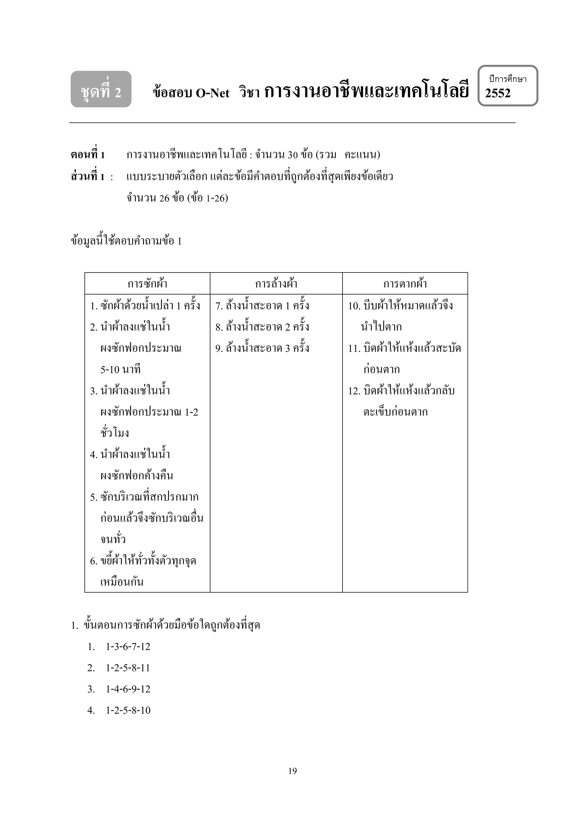 ชุดที่ 2

ข้ อสอบ O-Net วิชา การงานอาชีพและเทคโนโลยี 2552

ปี การศึกษา

ตอนที่ 1 การงานอาชีพและเทคโนโลยี : จํานวน 30 ข้อ (รวม คะแนน)
ส่ วนที่ 1 : แบบระบายตัวเลือก แต่ละข้อมีคาตอบที่ถูกต้องที่สุดเพียงข้อเดียว
ํ
จํานวน 26 ข้อ (ข้อ 1-26)
ข้อมูลนี้ใช้ตอบคําถามข้อ 1
การซักผ้า
การล้างผ้า
1. ซักผ้าด้วยนํ้าเปล่า 1 ครั้ง 7. ล้างนํ้าสะอาด 1 ครั้ง
2. นําผ้าลงแช่ในนํ้า
8. ล้างนํ้าสะอาด 2 ครั้ง
ผงซักฟอกประมาณ
9. ล้างนํ้าสะอาด 3 ครั้ง
5-10 นาที
3. นําผ้าลงแช่ในนํ้า
ผงซักฟอกประมาณ 1-2
ชัวโมง
่
4. นําผ้าลงแช่ในนํ้า
ผงซักฟอกค้างคืน
5. ซักบริ เวณที่สกปรกมาก
ก่อนแล้วจึงซักบริ เวณอื่น
จนทัว
่
6. ขยี้ผาให้ทวทั้งตัวทุกจุด
้ ั่
เหมือนกัน
1. ขั้นตอนการซักผ้าด้วยมือข้อใดถูกต้องที่สุด
1. 1-3-6-7-12
2. 1-2-5-8-11
3. 1-4-6-9-12
4. 1-2-5-8-10

19

การตากผ้า
10. บีบผ้าให้หมาดแล้วจึง
นําไปตาก
11. บิดผ้าให้แห้งแล้วสะบัด
ก่อนตาก
12. บิดผ้าให้แห้งแล้วกลับ
ตะเข็บก่อนตาก

 
