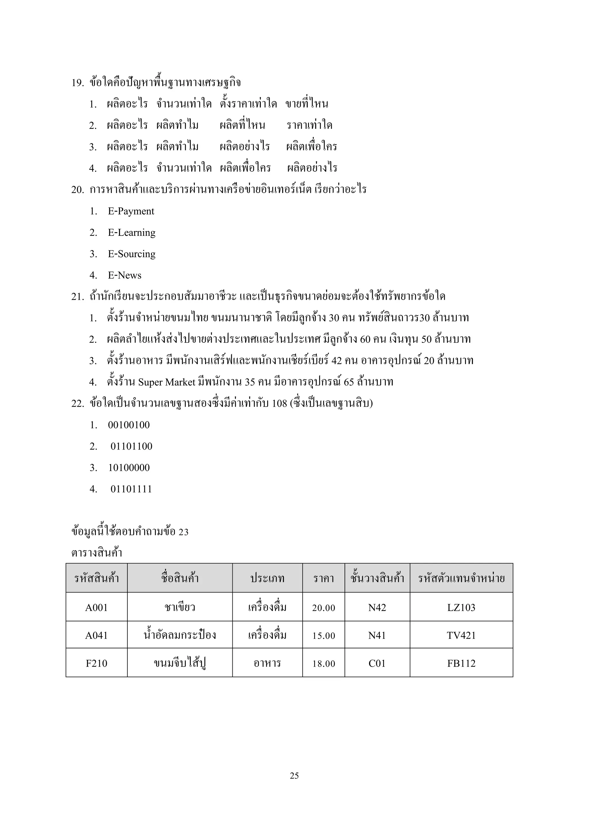 19. ข้อใดคือปั ญหาพื้นฐานทางเศรษฐกิจ
1. ผลิตอะไร จํานวนเท่าใด ตั้งราคาเท่าใด ขายที่ไหน
2. ผลิตอะไร ผลิตทําไม ผลิตที่ไหน ราคาเท่าใด
3. ผลิตอะไร ผลิตทําไม ผลิตอย่างไร ผลิตเพื่อใคร
4. ผลิตอะไร จํานวนเท่าใด ผลิตเพื่อใคร ผลิตอย่างไร
20. การหาสิ นค้าและบริ การผ่านทางเครื อข่ายอินเทอร์เน็ต เรี ยกว่าอะไร
1. E-Payment
2. E-Learning
3. E-Sourcing
4. E-News
21. ถ้านักเรี ยนจะประกอบสัมมาอาชีวะ และเป็ นธุรกิจขนาดย่อมจะต้องใช้ทรัพยากรข้อใด
1. ตั้งร้านจําหน่ายขนมไทย ขนมนานาชาติ โดยมีลูกจ้าง 30 คน ทรัพย์สินถาวร30 ล้านบาท
2. ผลิตลําไยแห้งส่ งไปขายต่างประเทศและในประเทศ มีลูกจ้าง 60 คน เงินทุน 50 ล้านบาท
3. ตั้งร้านอาหาร มีพนักงานเสิ ร์ฟและพนักงานเชียร์เบียร์ 42 คน อาคารอุปกรณ์ 20 ล้านบาท
4. ตั้งร้าน Super Market มีพนักงาน 35 คน มีอาคารอุปกรณ์ 65 ล้านบาท
22. ข้อใดเป็ นจํานวนเลขฐานสองซึ่งมีค่าเท่ากับ 108 (ซึ่ งเป็ นเลขฐานสิ บ)
1. 00100100
2. 01101100
3. 10100000
4. 01101111
ข้อมูลนี้ใช้ตอบคําถามข้อ 23
ตารางสิ นค้า
รหัสสิ นค้า

ชื่อสิ นค้า

ประเภท

ราคา

A001

ชาเขียว

เครื่ องดื่ม

20.00

N42

LZ103

A041

นํ้าอัดลมกระป๋ อง

เครื่ องดื่ม

15.00

N41

TV421

F210

ขนมจีบไส้ปู

อาหาร

18.00

C01

FB112

25

ชั้นวางสิ นค้า รหัสตัวแทนจําหน่าย

 