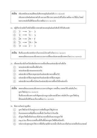 ตัวชี้วัด อธิบำยชนิดและสมบัติของรังสีจำกธำตุกัมมันตรังสี (ว 5.1 ม.4-6/8)
อธิบำยกำรเกิดกัมมันตภำพรังสี และบอกวิธีกำรตรวจสอบรังสีในสิ่งแวดล้อม กำรใช้ประโยชน์
ผลกระทบต่อสิ่งมีชีวิตและสิ่งแวดล้อม (ว 5.1 ม.4-6/9)
24. ปฏิกิริยำนิวเคลียร์ในข้อใดที่มีกำรสลำยตัวของธำตุกัมมันตรังสีแล้วให้รังสีแอลฟำ
1 C B + e
2 C N + e
3 Bi Bi + 
4 U Th + He
5 B C + e
ตัวชี้วัด สืบค้นและอธิบำยหลักกำรในกำรแบ่งโครงสร้ำงโลก (ว 6.1 ม.4-6/1)
ทดลองเลียนแบบและอธิบำยกระบวนกำรเปลี่ยนแปลงทำงธรณีภำคของโลก (ว 6.1 ม.4-6/2)
25. เทือกเขำหิมำลัยในทวีปเอเชียเกิดจำกกำรเคลื่อนที่ของแผ่นธรณีภำคในข้อใด
1 ขอบแผ่นธรณีภำคเคลื่อนที่ผ่ำนกัน
2 ขอบแผ่นธรณีภำคแยกออกจำกกัน
3 แผ่นธรณีภำคใต้มหำสมุทรชนกับแผ่นธรณีภำคภำคพื้นทวีป
4 แผ่นธรณีภำคใต้มหำสมุทรชนกับแผ่นธรณีภำคใต้มหำสมุทร
5 แผ่นธรณีภำคภำคพื้นทวีปชนกับแผ่นธรณีภำคภำคพื้นทวีปอีกแผ่นหนึ่ง
ตัวชี้วัด ทดลองเลียนแบบและอธิบำยกระบวนกำรเกิดภูเขำ รอยเลื่อน รอยคดโค้ง แผ่นดินไหว
ภูเขำไฟปะทุ (ว 6.1 ม.4-6/3)
สืบค้นและอธิบำยควำมสำคัญของปรำกฏกำรณ์ทำงธรณีวิทยำ แผ่นดินไหว ภูเขำไฟปะทุ
ที่ส่งผลต่อสิ่งมีชีวิตและสิ่งแวดล้อม (ว 6.1 ม.4-6/4)
26. ข้อควำมใดกล่ำวถูกต้อง
1 ภูเขำไฟมัวลำนัวในหมู่เกำะฮำวำยจัดเป็นภูเขำไฟรูปกรวย
2 หินหลอมละลำยที่พุ่งขึ้นมำบนพื้นผิวโลกเรียกว่ำ หินหนืด
3 เถ้ำภูเขำไฟเมื่อเย็นตัวและแข็งตัวจะกลำยเป็นหินตะกอนภูเขำไฟ
4 ring of fire เป็นแนวรอยเลื่อนที่เป็นที่ตั้งของภูเขำไฟที่ดับสนิทแล้ว
5 หลังกำรปะทุของภูเขำไฟ ลำวำที่มีปริมำณซิลิกำมำกเมื่อ เย็นตัวและแข็งตัวจะกลำยเป็นหินบะซอลต์
11
6
14
6
210
83
238
92
12
5
11
5
14
7
210
83
234
90
12
6
0
+1
0
-1
4
2
0
-1
 