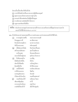 นิทำนเรื่องนี้สะท้อนให้เห็นสิ่งใด
กำรนำชีวิตสัตว์มำเป็นแนวทำงกำรปฏิบัติของมนุษย์
คุณธรรมและจริยธรรมของกำรอยู่ร่วมกัน
ครอบครัวที่ขำดพ่อย่อมไม่มีผู้ปกป้ องดูแล
กำรอธิบำยควำมสัมพันธ์ในโซ่อำหำร
กฎธรรมชำติของสิ่งมีชีวิต
ตัวชี้วัด
๒๒. ถ้ำนักเรียนจะกล่ำวสุนทรพจน์เรื่อง ควำมปรองดอง จะนำอำขยำนบทใดไปใช้อ้ำงอิง
ควำมอยู่ประเทศซึ่ง เหมำะและควรจะสุขี
อีกบุญญะกำรที่ ณ อดีตะมำดล
อีกหมั่นประพฤติควร ณ สภำวะแห่งตน
ข้อนี้แหละมงคล อดิเรกอุดมดี
เชื่อผิดและเห็นผิด สิจะนิจจะเสื่อมพำ
เศร้ำหมองมิผ่องผำ- สุกะรื่นฤดีสบำย
ละสิ่งอกุศล สิกมลจะพึงหมำย
เหมำะยิ่งทั้งหญิงชำย สุจริต ณ ไตรทวำร
ถึงทีสบเหตุร้ำย แรงเข็ญ
พึงพินิจนั่นใช่เป็น สิ่งร้ำย
พักหนึ่งจึ่งจิตเย็น ระลึกอยู่ เถิดรำ
รู้แยกรู้ยักย้ำย จักได้ทำงเกษม
ภพนี้มิใช่หล้ำ หงส์ทอง เดียวเลย
กำก็เจ้ำของครอง ชีพด้วย
เมำสมมุติจองหอง หินชำติ
น้ำมิตรแล้งโลกม้วย หมดสิ้นสุขศำนต์
รอยเท้ำพ่อแม่ได้ เหยียบลง ใดแล
เพียงแค่ฝุ่นธุลีผง ค่ำไร้
กรำบรอยท่ำนมิ่งมง- คลคู่ ใจนำ
กำยสิทธิ์ใส่เกล้ำไว้ เพื่อให้ขวัญขลัง
๑
๒
๓
๔
๕
๑
๒
๓
๔
๕
และนำไปใช้อ้ำงอิง (ท ๕.๑ ม. ๔-๖/๖)
ท่องจำและบอกคุณค่ำบทอำขยำนตำมที่กำหนด และบทร้อยกรองที่มีคุณค่ำตำมควำมสนใจ•
 