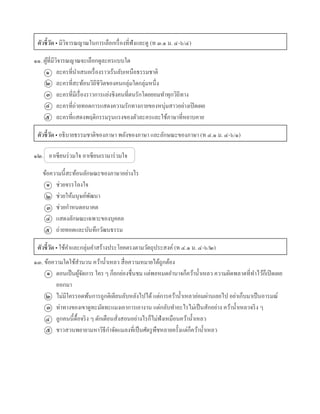 ตัวชี้วัด • มีวิจำรณญำณในกำรเลือกเรื่องที่ฟังและดู (ท ๓.๑ ม. ๔-๖/๔)
๑๑. ผู้ที่มีวิจำรณญำณจะเลือกดูละครแบบใด
ละครที่นำเสนอเรื่องรำวเร้นลับเหนือธรรมชำติ
ละครที่สะท้อนวิถีชีวิตของคนกลุ่มใดกลุ่มหนึ่ง
ละครที่มีเรื่องรำวกำรแย่งชิงคนที่ตนรักโดยยอมทำทุกวิถีทำง
ละครที่ถ่ำยทอดกำรแสดงควำมรักทำงกำยของหนุ่มสำวอย่ำงเปิดเผย
ละครที่แสดงพฤติกรรมรุนแรงของตัวละครและใช้ภำษำที่หยำบคำย
ตัวชี้วัด • อธิบำยธรรมชำติของภำษำ พลังของภำษำ และลักษณะของภำษำ (ท ๔.๑ ม. ๔-๖/๑)
๑๒. อำเซียนร่วมใจ อำเซียนเรำมำร่วมใจ
ข้อควำมนี้สะท้อนลักษณะของภำษำอย่ำงไร
ช่วยจรรโลงใจ
ช่วยให้มนุษย์พัฒนำ
ช่วยกำหนดอนำคต
แสดงลักษณะเฉพำะของบุคคล
ถ่ำยทอดและบันทึกวัฒนธรรม
ตัวชี้วัด • ใช้คำและกลุ่มคำสร้ำงประโยคตรงตำมวัตถุประสงค์ (ท ๔.๑ ม. ๔-๖/๒)
๑๓. ข้อควำมใดใช้สำนวน คว้ำน้ำเหลว สื่อควำมหมำยได้ถูกต้อง
ตอนเป็นผู้จัดกำร ใคร ๆ ก็ยกย่องชื่นชม แต่พอหมดอำนำจก็คว้ำน้ำเหลว ควำมผิดพลำดที่ทำไว้ก็เปิดเผย
ออกมำ
ไม่มีใครรอดพ้นกำรถูกติเตียนลับหลังไปได้ แต่กำรคว้ำน้ำเหลวย่อมผ่ำนเลยไป อย่ำเก็บมำเป็นอำรมณ์
ท่ำทำงของเขำดูทะมัดทะแมงเอำกำรเอำงำน แต่กลับทำอะไรไม่เป็นสักอย่ำง คว้ำน้ำเหลวจริง ๆ
ลูกคนนี้ดื้อจริง ๆ ตักเตือนสั่งสอนอย่ำงไรก็ไม่ฟังเหมือนคว้ำน้ำเหลว
ชำวสวนพยำยำมหำวิธีกำจัดแมลงที่เป็นศัตรูพืชหลำยครั้งแต่ก็คว้ำน้ำเหลว
๑
๒
๓
๔
๕
๑
๒
๓
๔
๕
๑
๒
๓
๔
๕
 