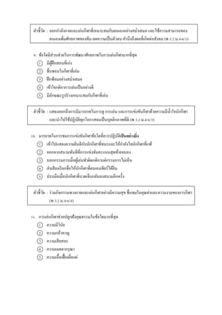 ตัวชี้วัด : ออกกำลังกำยและเล่นกีฬำที่เหมำะสมกับตนเองอย่ำงสม่ำเสมอ และใช้ควำมสำมำรถของ
ตนเองเพิ่มศักยภำพของทีม ลดควำมเป็นตัวตน คำนึงถึงผลที่เกิดต่อสังคม (พ 3.2 ม.4-6/1)
9. ข้อใดมีส่วนช่วยในกำรพัฒนำศักยภำพในกำรเล่นกีฬำมำกที่สุด
1 มีผู้ฝึกสอนที่เก่ง
2 ชื่นชอบในกีฬำที่เล่น
3 ฝึกซ้อมอย่ำงสม่ำเสมอ
4 เข้ำใจกติกำกำรเล่นเป็นอย่ำงดี
5 มีลักษณะรูปร่ำงเหมำะสมกับกีฬำที่เล่น
ตัวชี้วัด : แสดงออกถึงกำรมีมำรยำทในกำรดู กำรเล่น และกำรแข่งขันกีฬำด้วยควำมมีน้ำใจนักกีฬำ
และนำไปใช้ปฏิบัติทุกโอกำสจนเป็นบุคลิกภำพที่ดี (พ 3.2 ม.4-6/3)
10. มำรยำทในกำรชมกำรแข่งขันกีฬำข้อใดที่ควรปฏิบัติเป็นอย่างยิ่ง
1 เข้ำไปแสดงควำมยินดีกับนักกีฬำที่ชนะและให้กำลังใจนักกีฬำที่แพ้
2 ออกจำกสนำมทันทีที่กำรแข่งขันคะแนนสุดท้ำยจบลง
3 บอกกรรมกำรเมื่อผู้เล่นทำผิดกติกำแต่กรรมกำรไม่เห็น
4 ส่งเสียงเรียกชื่อให้นักกีฬำที่ตนเองเชียร์ได้ยิน
5 ปรบมือเมื่อนักกีฬำที่บำดเจ็บกลับลงสนำมอีกครั้ง
ตัวชี้วัด : ร่วมกิจกรรมทำงกำยและเล่นกีฬำอย่ำงมีควำมสุข ชื่นชมในคุณค่ำและควำมงำมของกำรกีฬำ
(พ 3.2 ม.4-6/4)
11. กำรเล่นกีฬำช่วยปลูกฝังคุณธรรมในข้อใดมำกที่สุด
1 ควำมมีวินัย
2 ควำมกล้ำหำญ
3 ควำมเสียสละ
4 ควำมเมตตำกรุณำ
5 ควำมเอื้อเฟื้อเผื่อแผ่
 