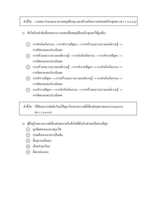 ตัวชี้วัด : วำงแผน กำหนดแนวทำงลดอุบัติเหตุ และสร้ำงเสริมควำมปลอดภัยในชุมชน (พ 5.1 ม.4-6/4)
18. ข้อใดเรียงลำดับขั้นตอนกำรวำงแผนเพื่อลดอุบัติเหตุในชุมชนได้ถูกต้อง
1 กำรดำเนินกิจกรรม → กำรสำรวจปัญหำ → กำรสร้ำงและรวบรวมองค์ควำมรู้ →
กำรติดตำมและประเมินผล
2 กำรสร้ำงและรวบรวมองค์ควำมรู้ → กำรดำเนินกิจกรรม → กำรสำรวจปัญหำ →
กำรติดตำมและประเมินผล
3 กำรสร้ำงและรวบรวมองค์ควำมรู้ → กำรสำรวจปัญหำ → กำรดำเนินกิจกรรม →
กำรติดตำมและประเมินผล
4 กำรสำรวจปัญหำ → กำรสร้ำงและรวบรวมองค์ควำมรู้ → กำรดำเนินกิจกรรม →
กำรติดตำมและประเมินผล
5 กำรสำรวจปัญหำ → กำรดำเนินกิจกรรม → กำรสร้ำงและรวบรวมองค์ควำมรู้ →
กำรติดตำมและประเมินผล
ตัวชี้วัด : ใช้ทักษะกำรตัดสินใจแก้ปัญหำในสถำนกำรณ์ที่เสี่ยงต่อสุขภำพและควำมรุนแรง
(พ 5.1 ม.4-6/6)
19. ผู้ที่อยู่ในสถำนกำรณ์เสี่ยงต่อสุขภำพในข้อใดที่ต้องรีบช่วยเหลือด่วนที่สุด
1 ถูกพิษของแมงกะพรุนไฟ
2 ปวดท้องจำกอำหำรเป็นพิษ
3 ดื่มสุรำจนมึนเมำ
4 เลือดกำเดำไหล
5 ดื่มยำฆ่ำแมลง
 