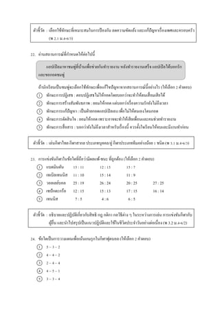 ตัวชี้วัด : เลือกใช้ทักษะที่เหมำะสมในกำรป้ องกัน ลดควำมขัดแย้ง และแก้ปัญหำเรื่องเพศและครอบครัว
(พ 2.1 ม.4-6/3)
22. อ่ำนสถำนกำรณ์ที่กำหนดให้ต่อไปนี้
แอปเปิลมำหำชมพู่ที่บ้ำนเพื่อช่วยกันทำรำยงำน หลังทำรำยงำนเสร็จ แอปเปิลได้บอกรัก
และขอกอดชมพู่
ถ้ำนักเรียนเป็นชมพู่จะเลือกใช้ทักษะเพื่อแก้ไขปัญหำจำกสถำนกำรณ์นี้อย่ำงไร (ให้เลือก 2 คำตอบ)
1 ทักษะกำรปฏิเสธ : ตอบปฏิเสธไม่ให้กอดโดยบอกว่ำจะทำให้ตนเสื่อมเสียได้
2 ทักษะกำรสร้ำงสัมพันธภำพ : ยอมให้กอด แต่บอกว่ำเรื่องควำมรักยังไม่ถึงเวลำ
3 ทักษะกำรแก้ปัญหำ : เป็นฝ่ำยกอดแอปเปิลเอง เพื่อไม่ให้ตนเองโดนกอด
4 ทักษะกำรตัดสินใจ : ยอมให้กอด เพรำะอำจจะทำให้เสียเพื่อนและคนช่วยทำรำยงำน
5 ทักษะกำรสื่อสำร : บอกว่ำยังไม่ถึงเวลำสำหรับเรื่องนี้ ควรตั้งใจเรียนให้จบและมีงำนทำก่อน
ตัวชี้วัด : เล่นกีฬำไทย กีฬำสำกล ประเภทบุคคล/คู่ กีฬำประเภททีมอย่ำงน้อย 1 ชนิด (พ 3.1 ม.4-6/3)
23. กำรแข่งขันกีฬำในข้อใดที่ถือว่ำมีผลแพ้-ชนะ ที่ถูกต้อง (ให้เลือก 2 คำตอบ)
1 แบดมินตัน 15 : 11 12 : 15 15 : 7
2 เทเบิลเทนนิส 11 : 10 15 : 14 11 : 9
3 วอลเลย์บอล 25 : 19 26 : 24 20 : 25 27 : 25
4 เซปักตะกร้อ 12 : 15 15 : 13 17 : 15 16 : 14
5 เทนนิส 7 : 5 4 : 6 6 : 5
ตัวชี้วัด : อธิบำยและปฏิบัติเกี่ยวกับสิทธิ กฎ กติกำ กลวิธีต่ำง ๆ ในระหว่ำงกำรเล่น กำรแข่งขันกีฬำกับ
ผู้อื่น และนำไปสรุปเป็นแนวปฏิบัติและใช้ในชีวิตประจำวันอย่ำงต่อเนื่อง (พ 3.2 ม.4-6/2)
24. ข้อใดเป็นกำรวำงแผนเพื่อเน้นเกมรุกในกีฬำฟุตบอล (ให้เลือก 2 คำตอบ)
1 5 – 3 – 2
2 4 – 4 – 2
3 2 – 4 – 4
4 4 – 5 – 1
5 3 – 3 – 4
 