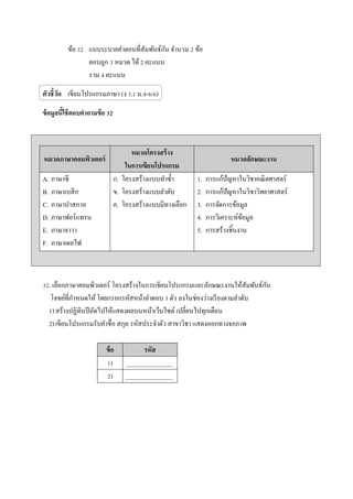 ข้อ 32 แบบระบายคาตอบที่สัมพันธ์กัน จานวน 2 ข้อ
ตอบถูก 3 หมวด ได้2 คะแนน
รวม 4 คะแนน
ตัวชี้วัด เขียนโปรแกรมภาษา (ง 3.1 ม.4-6/6)
ข้อมูลนี้ใช้ตอบคาถามข้อ 32
หมวดภาษาคอมพิวเตอร์
หมวดโครงสร้าง
ในการเขียนโปรแกรม
หมวดลักษณะงาน
A. ภาษาซี
B. ภาษาเบสิก
C. ภาษาปาสกาล
D. ภาษาฟอร์แทรน
E. ภาษาจาวา
F. ภาษาเดลไฟ
ก. โครงสร้างแบบทาซ้า
ข. โครงสร้างแบบลาดับ
ค. โครงสร้างแบบมีทางเลือก
1. การแก้ปัญหาในวิชาคณิตศาสตร์
2. การแก้ปัญหาในวิชาวิทยาศาสตร์
3. การจัดการข้อมูล
4. การวิเคราะห์ข้อมูล
5. การสร้างชิ้นงาน
32. เลือกภาษาคอมพิวเตอร์ โครงสร้างในการเขียนโปรแกรมและลักษณะงานให้สัมพันธ์กับ
โจทย์ที่กาหนดให้ โดยกรอกรหัสหน้าคาตอบ 3 ตัว ลงในช่องว่างเรียงตามลาดับ
1)สร้างปฏิทินปีถัดไปให้แสดงผลบนหน้าเว็บไซต์ เปลี่ยนไปทุกเดือน
2)เขียนโปรแกรมรับคาชื่อ สกุล รหัสประจาตัว สาขาวิชา แสดงออกทางจอภาพ
ข้อ รหัส
1) _______________
2) _______________
 