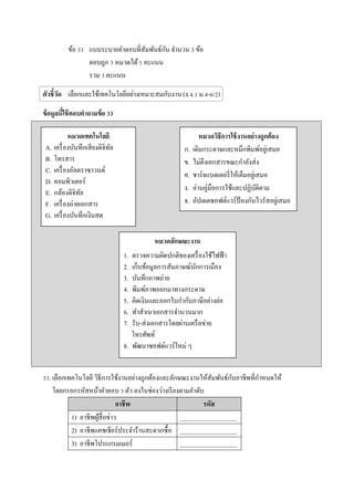 ข้อ 33 แบบระบายคาตอบที่สัมพันธ์กัน จานวน 3 ข้อ
ตอบถูก 3 หมวดได้1 คะแนน
รวม 3 คะแนน
ตัวชี้วัด เลือกและใช้เทคโนโลยีอย่างเหมาะสมกับงาน (ง 4.1 ม.4-6/2)
ข้อมูลนี้ใช้ตอบคาถามข้อ 33
33. เลือกเทคโนโลยี วิธีการใช้งานอย่างถูกต้องและลักษณะงานให้สัมพันธ์กับอาชีพที่กาหนดให้
โดยกรอกรหัสหน้าคาตอบ 3 ตัว ลงในช่องว่างเรียงตามลาดับ
อาชีพ รหัส
1) อาชีพผู้สื่อข่าว __________________
2) อาชีพแคชเชียร์ประจาร้านสะดวกซื้อ __________________
3) อาชีพโปรแกรมเมอร์ __________________
หมวดเทคโนโลยี
A. เครื่องบันทึกเสียงดิจิทัล
B. โทรสาร
C. เครื่องอัลตราซาวนด์
D. คอมพิวเตอร์
E. กล้องดิจิทัล
F. เครื่องถ่ายเอกสาร
G. เครื่องบันทึกเงินสด
หมวดวิธีการใช้งานอย่างถูกต้อง
ก. เติมกระดาษและหมึกพิมพ์อยู่เสมอ
ข. ไม่ดึงเอกสารขณะกาลังส่ง
ค. ชาร์จแบตเตอรี่ให้เต็มอยู่เสมอ
ง. อ่านคู่มือการใช้และปฏิบัติตาม
จ. อัปเดตซอฟต์แวร์ป้ องกันไวรัสอยู่เสมอ
หมวดลักษณะงาน
1. ตรวจความผิดปกติของเครื่องใช้ไฟฟ้า
2. เก็บข้อมูลการสัมภาษณ์นักการเมือง
3. บันทึกภาพถ่าย
4. พิมพ์ภาพออกมาทางกระดาษ
5. คิดเงินและออกใบกากับภาษีอย่างย่อ
6. ทาสาเนาเอกสารจานวนมาก
7. รับ-ส่งเอกสารโดยผ่านเครือข่าย
โทรศัพท์
8. พัฒนาซอฟต์แวร์ใหม่ ๆ
 