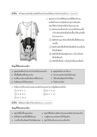 ตัวชี้วัด สร้างผลงานอย่างมีความคิดสร้างสรรค์ และมีทักษะการทางานร่วมกัน (ง 1.1 ม.4-6/2)
2. ชุดนอนกระโปรงผ้าฝ้ายคอกลมที่สีซีดแล้วและ
ตะเข็บข้างขาด แขนมีรูเกี่ยวตะปู ควรดัดแปลง
นามาใช้ประโยชน์ตามข้อใด จึงจะเหมาะสม
1 ตัดแขนออกทั้งสองข้าง เลาะตะเข็บข้างออกทิ้ง
2 ข้าง เย็บริมผ้าทาเป็นผ้ากันเปื้อนใช้สวมใส่เมื่อ
ประกอบอาหาร
2 ตัดผ้าบริเวณเอวถึงชายทิ้งทาเป็นเสื้อยืดคอกลม
แขนสั้น
3 ตัดบริเวณตัวเสื้อเป็นสี่เหลี่ยมผืนผ้า นามาเย็บริม
ผ้าทาผ้าเช็ดตัว
4 ตัดผ้าเป็นสี่เหลี่ยมจัตุรัสหลาย ๆ ผืน ถักริมทา
เป็นผ้าเช็ดหน้า
5 ตัดผ้าเป็นชิ้นเล็ก ๆ เย็บต่อกันเป็นพรมเช็ดเท้า
ข้อมูลนี้ใช้ตอบคาถามข้อ 3
A. พูดคุยกับเพื่อนบ้านมากกว่าสมาชิกในครอบครัว B. พูดคุยกันด้วยวาจาไพเราะ
C. เอื้อเฟื้อเผื่อแผ่ซึ่งกันและกัน D. ทางานนอกบ้านโดยไม่มีวันหยุด
E. พาเพื่อนมาจัดงานเลี้ยงสังสรรค์เป็นประจา F. ใช้จ่ายน้อยที่สุดหรือไม่ใช้เลย
G. รับผิดชอบหน้าที่ของตนเอง H. ไม่เล่นการพนัน
3. ถ้าต้องการให้ครอบครัวอบอุ่น สมาชิกในครอบครัวควรปฏิบัติตนตามข้อใด
1 A D E F 2 B C G H
3 A B D F 4 D E F H
5 G C H A
ตัวชี้วัด มีทักษะการจัดการในการทางาน (ง 1.1 ม.4-6/3)
ข้อมูลนี้ใช้ตอบคาถามข้อ 4
ก. ปลูกไม้เลื้อยขึ้นคลุมหลังคา ข. ปลูกไม้ยืนต้นทางทิศตะวันออกและทิศตะวันตกของบ้าน
ค. ติดตั้งผ้าม่านทุกพื้นที่ที่มีช่องลม ง. วางตู้ปลาและแจกันดอกไม้ไว้ทุกห้อง
จ. วางเครื่องเรือนชิดผนังไม่บังทิศทางลม ฉ. ปลูกไม้ประดับแขวนรอบระเบียงบ้าน
 