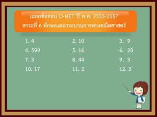 1. 4 2. 10 3. 9
4. 599 5. 16 6. 28
7. 3 8. 44 9. 3
10. 17 11. 2 12. 3
เฉลยข้อสอบ O-NET ปี พ.ศ. 2553-2557
สาระที่ 6 ทักษะและกระบวนการทางคณิตศาสตร์
 