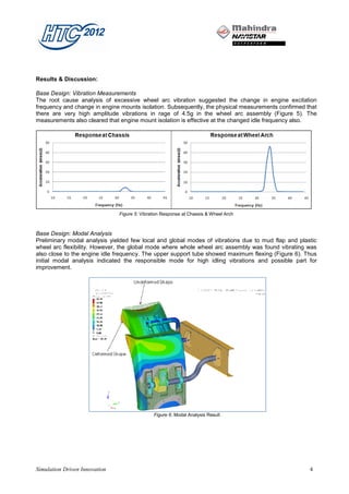Results & Discussion:

Base Design: Vibration Measurements
The root cause analysis of excessive wheel arc vibration suggested the change in engine excitation
frequency and change in engine mounts isolation. Subsequently, the physical measurements confirmed that
there are very high amplitude vibrations in rage of 4.5g in the wheel arc assembly (Figure 5). The
measurements also cleared that engine mount isolation is effective at the changed idle frequency also.




                               Figure 5: Vibration Response at Chassis & Wheel Arch



Base Design: Modal Analysis
Preliminary modal analysis yielded few local and global modes of vibrations due to mud flap and plastic
wheel arc flexibility. However, the global mode where whole wheel arc assembly was found vibrating was
also close to the engine idle frequency. The upper support tube showed maximum flexing (Figure 6). Thus
initial modal analysis indicated the responsible mode for high idling vibrations and possible part for
improvement.




                                              Figure 6: Modal Analysis Result




Simulation Driven Innovation                                                                        4
 