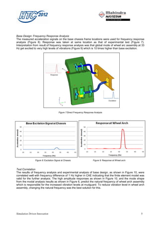 Base Design: Frequency Response Analysis
The measured acceleration signals on the base chassis frame locations were used for frequency response
analysis (Figure 8). Response was taken at same location as that of experimental test (Figure 7).
Interpretation from result of frequency response analysis was that global mode of wheel arc assembly at 33
Hz get excited to very high levels of vibrations (Figure 9) which is 10 times higher than base excitation.




                                         Figure 7:Direct Frequency Response Analysis




                Figure 8: Excitation Signal at Chassis                    Figure 9: Response at Wheel arch



Test Correlation
The results of frequency analysis and experimental analysis of base design, as shown in Figure 10, were
correlated well with frequency difference of 1 Hz higher in CAE indicating that the finite element model was
valid for the further analysis. The high amplitude responses as shown in Figure 10, and the mode shape
from the modal analysis results as shown in Figure 6, predict the natural frequency of wheel arch assembly
which is responsible for the increased vibration levels at mudguard. To reduce vibration level in wheel arch
assembly, changing the natural frequency was the best solution for this.




Simulation Driven Innovation                                                                                 5
 