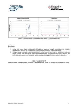 Figure 11: Frequency response of Baseline and Design Iteration 3 (Experimental and CAE)




Conclusion:

    1. Using FEA based Eigen frequency and frequency response analysis techniques, the vibration
       characteristic of wheel arc can be faithfully replicated as observed in the physical test.
    2. Multiple design proposals could be evaluated in virtual environment to arrive at best and optimum
       design solution. The best design proposal showed reduction in vibration level by 93%. Physical test
       on final design reconfirmed simulation results and satisfactory performance of the final design.



                                        ACKNOWLEDGEMENT
We would like to thank Mr.Shekar Paranjape, General Manager, MNAL for allowing us to publish this paper.




Simulation Driven Innovation                                                                                7
 