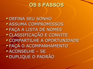 OS 8 PASSOS DEFINA SEU SONHO ASSUMA COMPROMISSOS FAÇA A LISTA DE NOMES CLASSIFICAÇÃO E CONVITE COMPARTILHE A OPORTUNIDADE FAÇA O ACOMPANHAMENTO ACONSELHE – SE DUPLIQUE O PADRÃO 