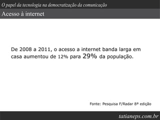 O papel da tecnologia na democratização da comunicação

Acesso à internet




    De 2008 a 2011, o acesso a internet banda larga em
    casa aumentou de 12% para 29% da população.




                                             Fonte: Pesquisa F/Radar 8ª edição


                                                                  tatianeps.net
 