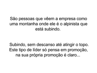 São pessoas que vêem a empresa como uma montanha onde ele é o alpinista que está subindo.  Subindo, sem descanso até atingir o topo. Este tipo de líder só pensa em promoção, na sua própria promoção é claro...  