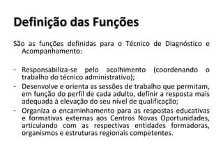 Definição das Funções São as funções definidas para o Técnico de Diagnóstico e Acompanhamento: Responsabiliza-se pelo acolhimento (coordenando o trabalho do técnico administrativo); Desenvolve e orienta as sessões de trabalho que permitam, em função do perfil de cada adulto, definir a resposta mais adequada à elevação do seu nível de qualificação; Organiza o encaminhamento para as respostas educativas e formativas externas aos Centros Novas Oportunidades, articulando com as respectivas entidades formadoras, organismos e estruturas regionais competentes.  