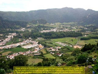Furnas, pertence ao Concelho de Povoação, possui uma lagoa rasgada por entre jardins e florestas, que
nos fazem lembrar as histórias de génios e de fadas, que nos embalavam na nossa infância. Flores e mais
flores, água, muita água, mineral, termal, que se recomenda para todo e qualquer problema de saúde.
 