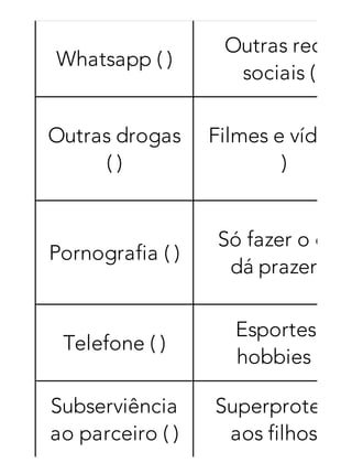Whatsapp ( )
Outras redes
sociais ( )
Outras drogas
( )
Filmes e vídeos
)
Pornografia ( )
Só fazer o que
dá prazer ( )
Telefone ( )
Esportes e
hobbies ( )
Subserviência
ao parceiro ( )
Superproteção
aos filhos ( )
 