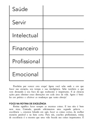 Saúde
Servir
Intelectual
Financeiro
Profissional
Emocional
Parabéns por vencer esta etapa! Agora você sabe onde e em que
focar sua atenção, seu tempo e sua inteligência. Sabe também o que
vem drenando o seu foco do que realmente é importante. E já elencou
ações para eliminar essas distrações em cada área da vida. Agora é botá-
las em prática e efetivar as mudanças que tanto almeja!
FOCO NA ROTINA DE EXCELÊNCIA
Rotina significa fazer sempre as mesmas coisas. E isso não é bom
nem mau. Contudo, quando adicionamos uma segunda palavra –
excelência –, estamos falando em agir, fazer as coisas certas, da melhor
maneira possível e na hora certa. Para nós, coaches profissionais, rotina
de excelência é o mesmo que uma vida focada nas coisas importantes. É
 