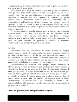 consequentemente trazemos comportamentos positivos para nós mesmos e
para quem está à nossa volta.
No entanto, se o foco no passado ocorre em grande intensidade e
numa qualidade ruim, dando ênfase às lembranças negativas e, em vez de
aprender com elas, nós nos vitimamos e deixamos as boas memórias
esquecidas, o presente será sem esperança e confiança. Já quando
focamos com a intensidade certa o passado, aprendendo com as
adversidades e celebrando as vitórias, vivemos um presente cheio de
esperança e com a certeza de que somos capazes. Onde está o seu
foco? Nos problemas e nas dores do passado ou nas vitórias? Como você
observa o passado?
Da mesma maneira, quando olhamos para o futuro e nos dedicamos
intencionalmente a ter uma visão positiva, nós nos enchemos de fé,
afinal, temos a certeza de que nosso futuro será bom. Se estamos
motivados para acordar, trabalhar e agir, nossas ações são produtivas. Seja
como for, para vivermos em plenitude o presente, é importante
compreender o uso correto do passado e do futuro.
FUTURO
Percebemos que nos conectamos ao futuro através de imagens
mentais, uma sequência de cenas criadas nos nossos circuitos neurais do
que queremos que aconteça ou do que não queremos que aconteça. A
isso chamamos de visão de futuro. E mesmo sendo uma projeção da
imaginação, a visão do futuro existente em qualquer pessoa tem enormes
poderes sobre o indivíduo e o mundo real que o cerca.
Diferentemente da memória, que qualquer animal doméstico ou
selvático possui, a visão de futuro é uma condição puramente humana. A
visão do que há de vir ou pode vir é a base da consciência humana. É
nossa porção divina, é o que chamamos de fé. Se enveredarmos pela
teoria da Física Quântica, entenderemos que a realidade que nos cerca é
na verdade a criação da própria pessoa que a observa com os olhos da
mente. Assim, a visão pode ser positiva ou negativa sobre o futuro.
Diferentemente do passado que é uma memória, o futuro é uma
projeção nítida ou não, consciente ou não, mas sobretudo a imaginação do
que pode vir a acontecer.
Tabela de qualificação da inteligência foco-temporal
 