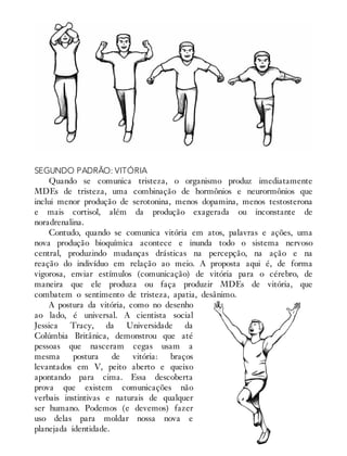 SEGUNDO PADRÃO: VITÓRIA
Quando se comunica tristeza, o organismo produz imediatamente
MDEs de tristeza, uma combinação de hormônios e neurormônios que
inclui menor produção de serotonina, menos dopamina, menos testosterona
e mais cortisol, além da produção exagerada ou inconstante de
noradrenalina.
Contudo, quando se comunica vitória em atos, palavras e ações, uma
nova produção bioquímica acontece e inunda todo o sistema nervoso
central, produzindo mudanças drásticas na percepção, na ação e na
reação do indivíduo em relação ao meio. A proposta aqui é, de forma
vigorosa, enviar estímulos (comunicação) de vitória para o cérebro, de
maneira que ele produza ou faça produzir MDEs de vitória, que
combatem o sentimento de tristeza, apatia, desânimo.
A postura da vitória, como no desenho
ao lado, é universal. A cientista social
Jessica Tracy, da Universidade da
Colúmbia Britânica, demonstrou que até
pessoas que nasceram cegas usam a
mesma postura de vitória: braços
levantados em V, peito aberto e queixo
apontando para cima. Essa descoberta
prova que existem comunicações não
verbais instintivas e naturais de qualquer
ser humano. Podemos (e devemos) fazer
uso delas para moldar nossa nova e
planejada identidade.
 
