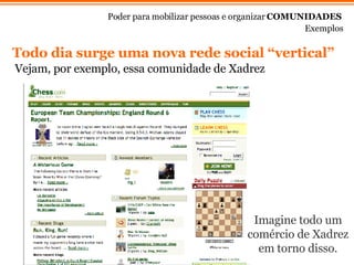 Exemplos Poder para mobilizar pessoas e organizar  COMUNIDADES Todo dia surge uma nova rede social  “vertical”   Imagine todo um com ér c io de Xadrez em torno disso. Vejam, por exemplo, essa comunidade de Xadrez   