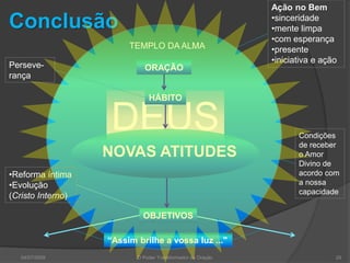 DEUS
04/07/2009 O Poder Transformador da Oração 29
ORAÇÃO
HÁBITO
NOVAS ATITUDES
OBJETIVOS
TEMPLO DA ALMA
Ação no Bem
•sinceridade
•mente limpa
•com esperança
•presente
•iniciativa e ação
Perseve-
rança
Condições
de receber
o Amor
Divino de
acordo com
a nossa
capacidade
•Reforma íntima
•Evolução
(Cristo Interno)
Conclusão
“Assim brilhe a vossa luz ..."
 