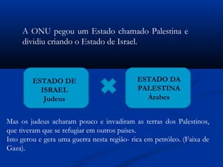 A ONU pegou um Estado chamado Palestina e
dividiu criando o Estado de Israel.
ESTADO DE
ISRAEL
Judeus
ESTADO DA
PALESTINA
Árabes
Mas os judeus acharam pouco e invadiram as terras dos Palestinos,
que tiveram que se refugiar em outros países.
Isto gerou e gera uma guerra nesta região- rica em petróleo. (Faixa de
Gaza).
 