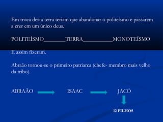 Em troca desta terra teriam que abandonar o politeísmo e passarem
a crer em um único deus.
POLITEÍSMO________TERRA___________MONOTEÍSMO
E assim fizeram.
Abraão tornou-se o primeiro patriarca (chefe- membro mais velho
da tribo).
ABRAÃO ISAAC JACÓ
12 FILHOS
 