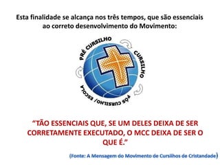 Esta finalidade se alcança nos três tempos, que são essenciais
ao correto desenvolvimento do Movimento:

“TÃO ESSENCIAIS QUE, SE UM DELES DEIXA DE SER
CORRETAMENTE EXECUTADO, O MCC DEIXA DE SER O
QUE É.”

 